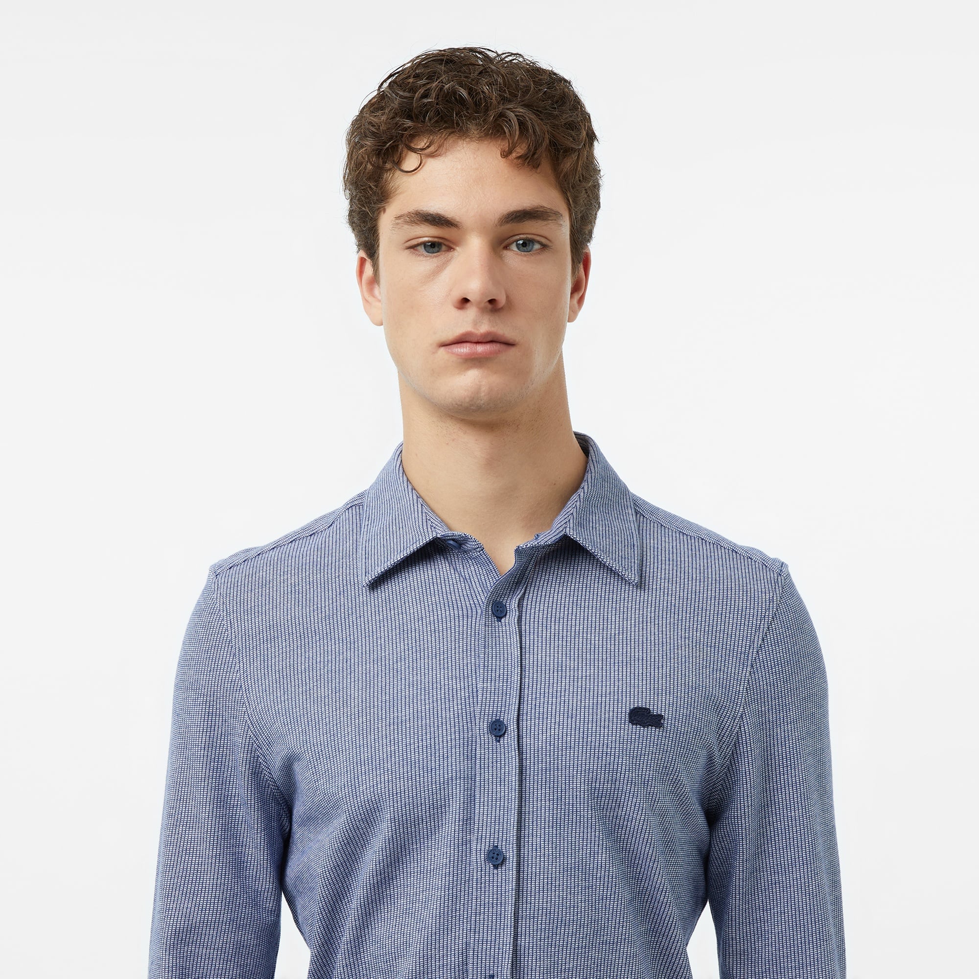 Erkek Slim Fit Düğmeli Yaka Koyu Mavi Gömlek