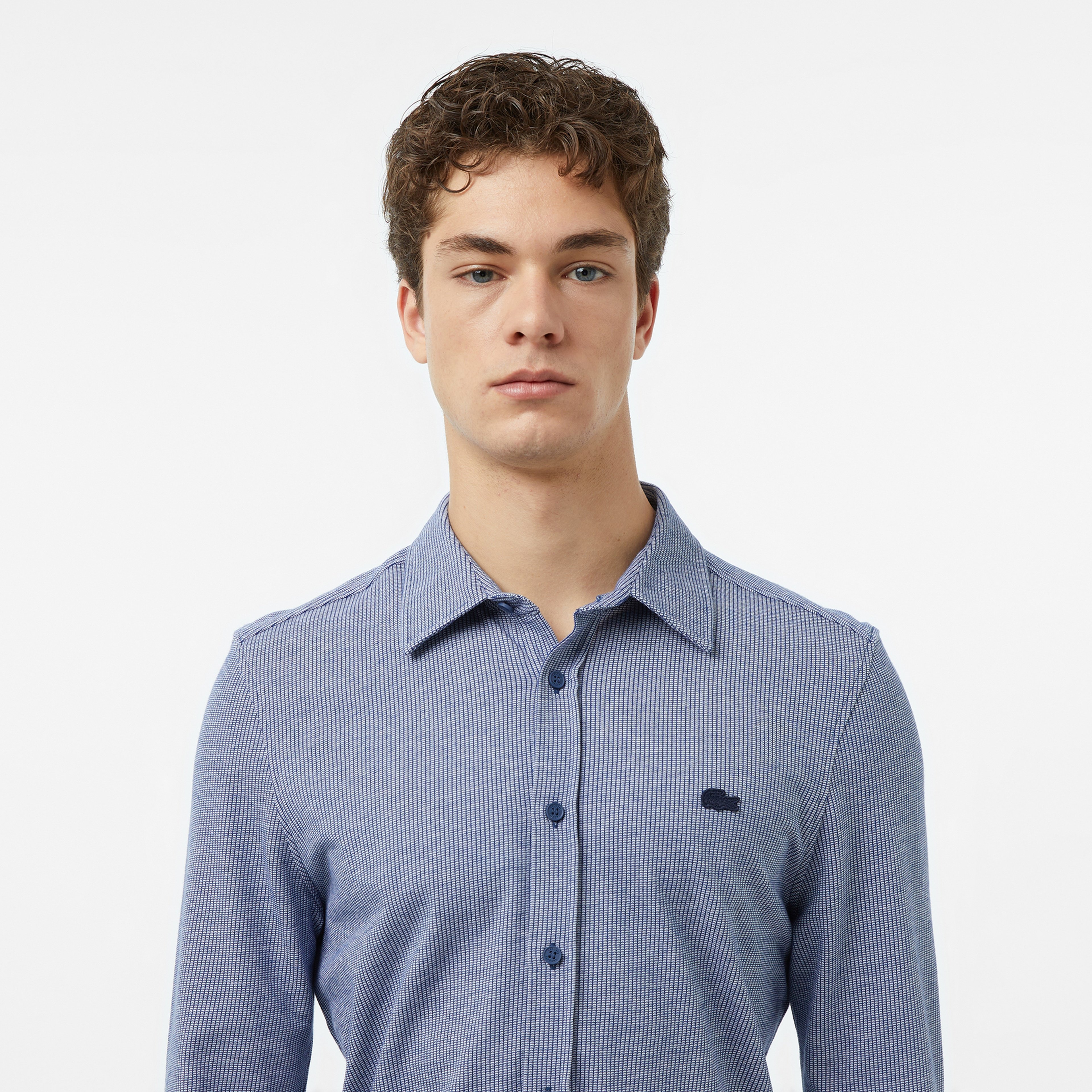 Erkek Slim Fit Düğmeli Yaka Koyu Mavi Gömlek