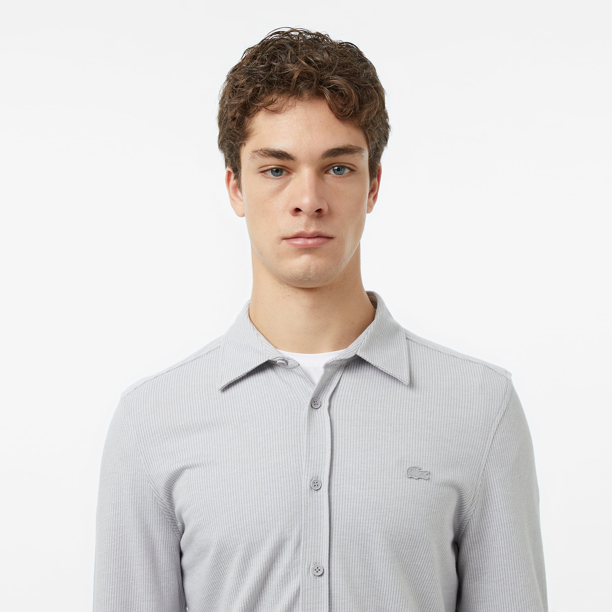 Erkek Slim Fit Düğmeli Yaka Gri Gömlek