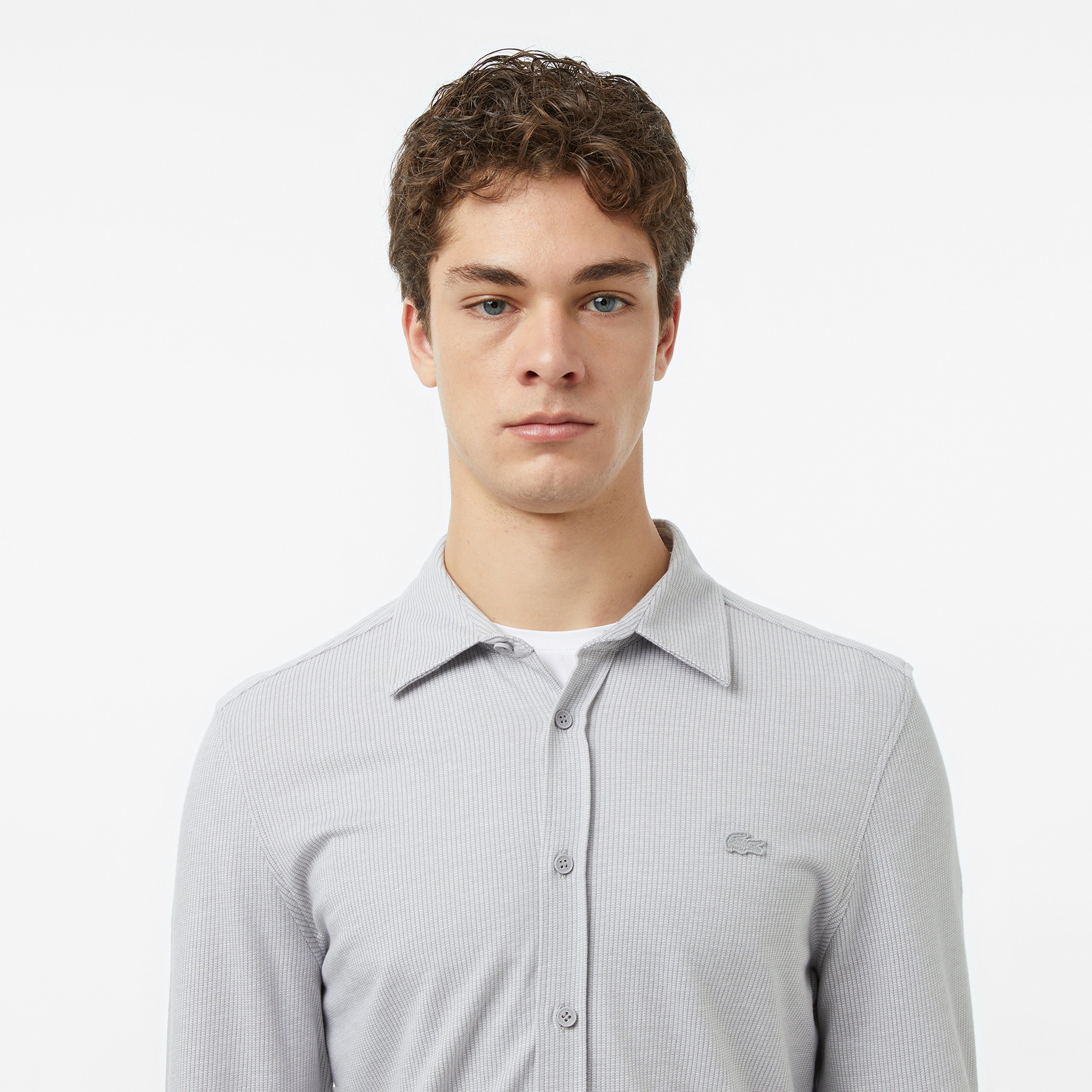 Erkek Slim Fit Düğmeli Yaka Gri Gömlek