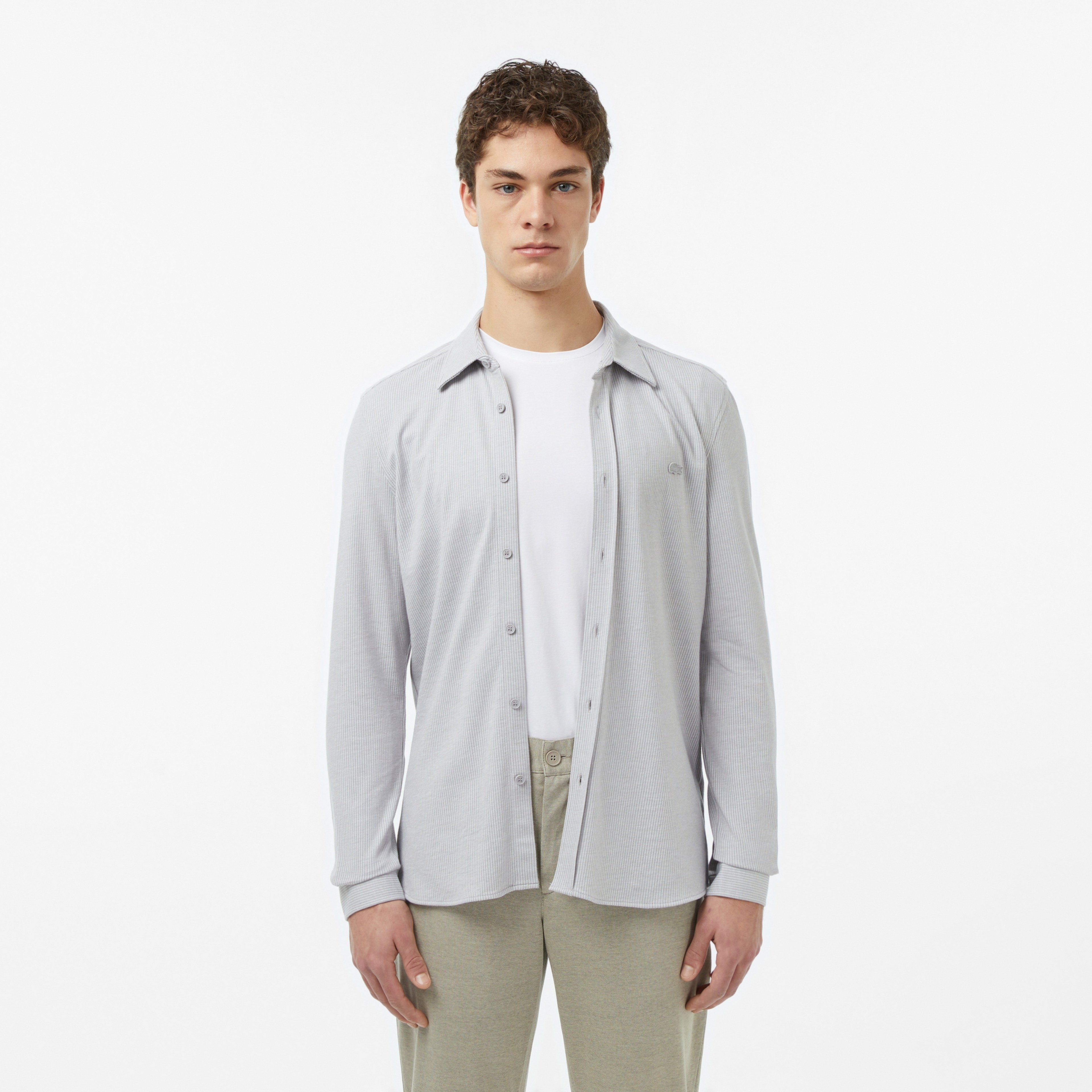 Erkek Slim Fit Düğmeli Yaka Gri Gömlek