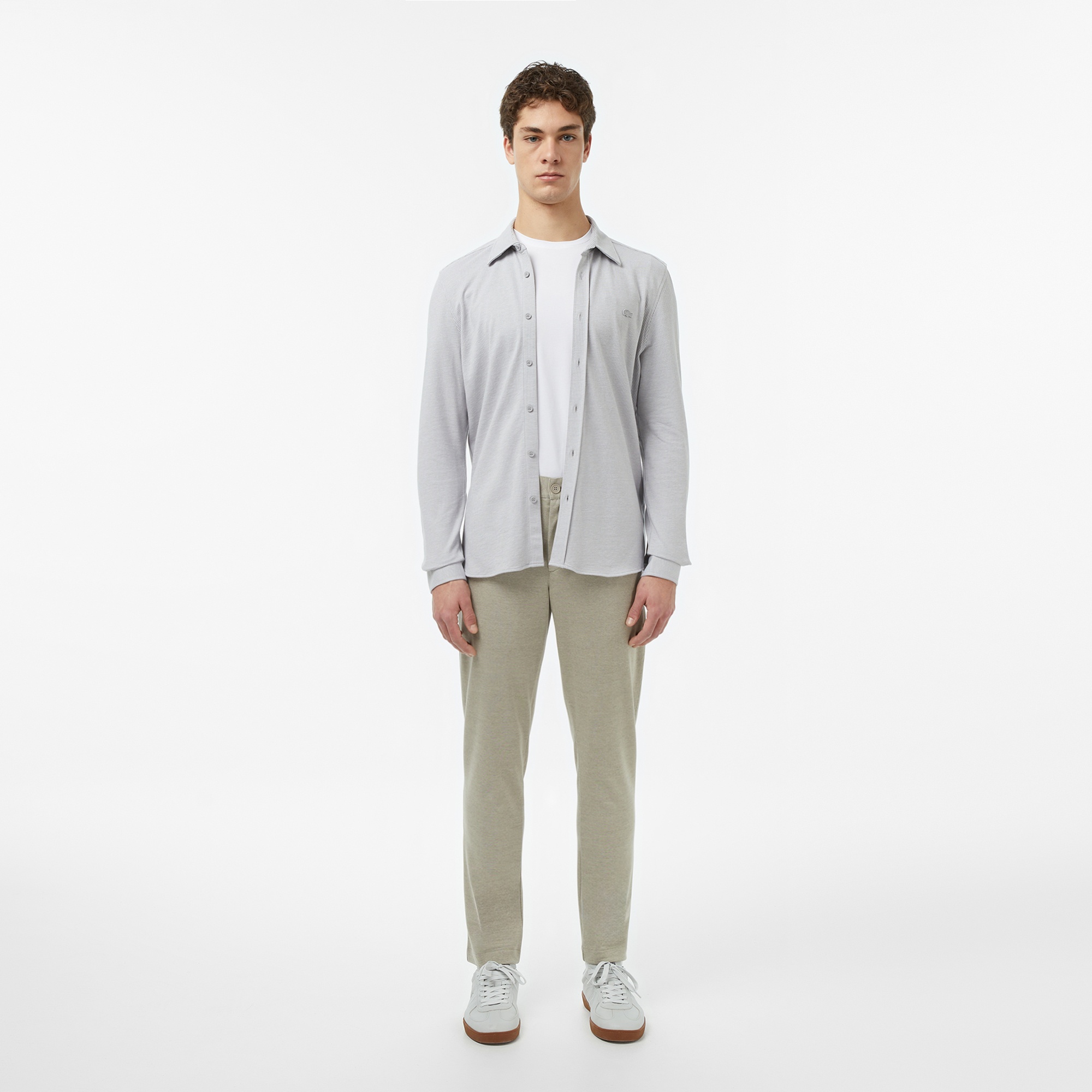 Erkek Slim Fit Düğmeli Yaka Gri Gömlek