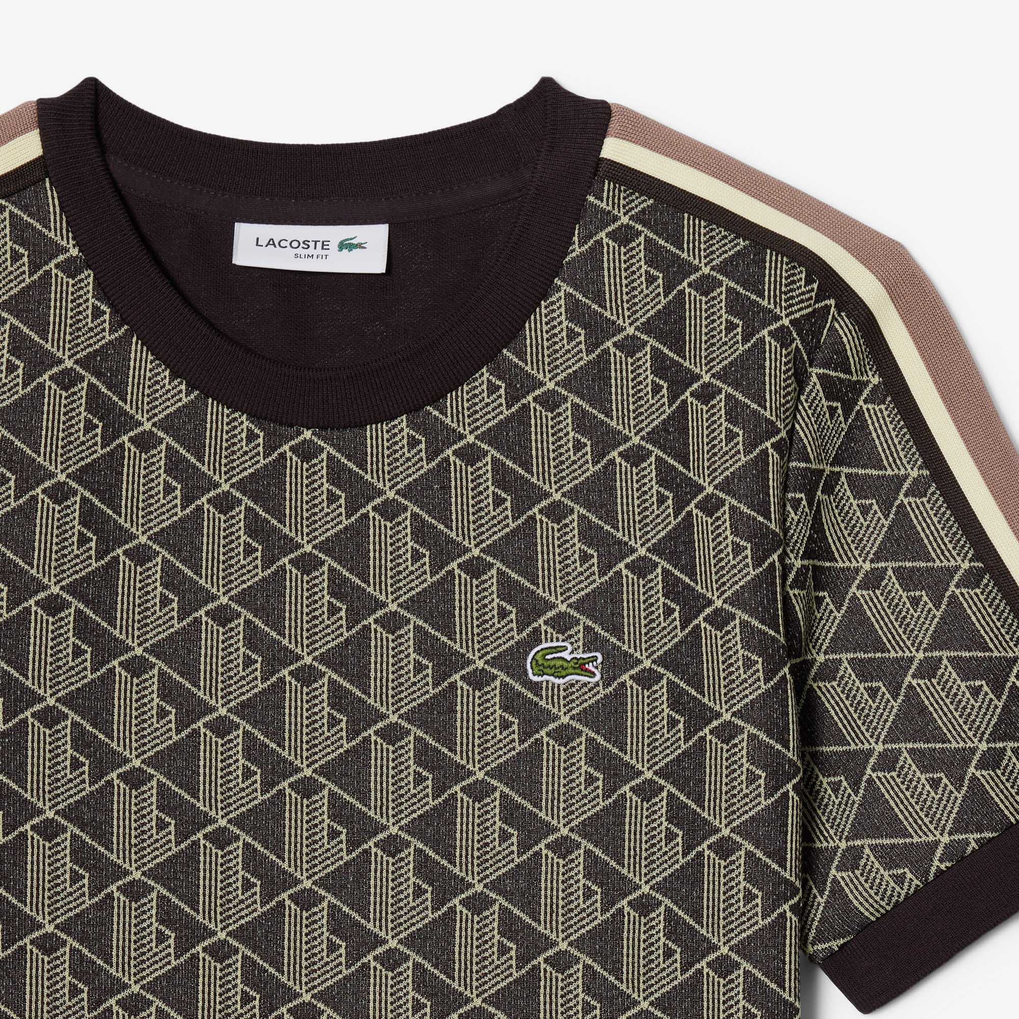 Kadın Slim Fit Bisiklet Yaka Monogram Kahverengi T-Shirt