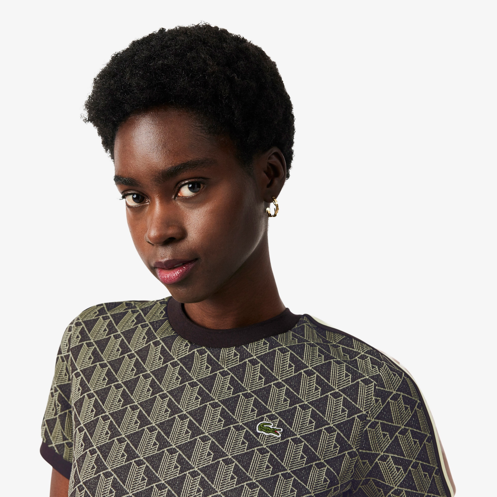 Kadın Slim Fit Bisiklet Yaka Monogram Kahverengi T-Shirt