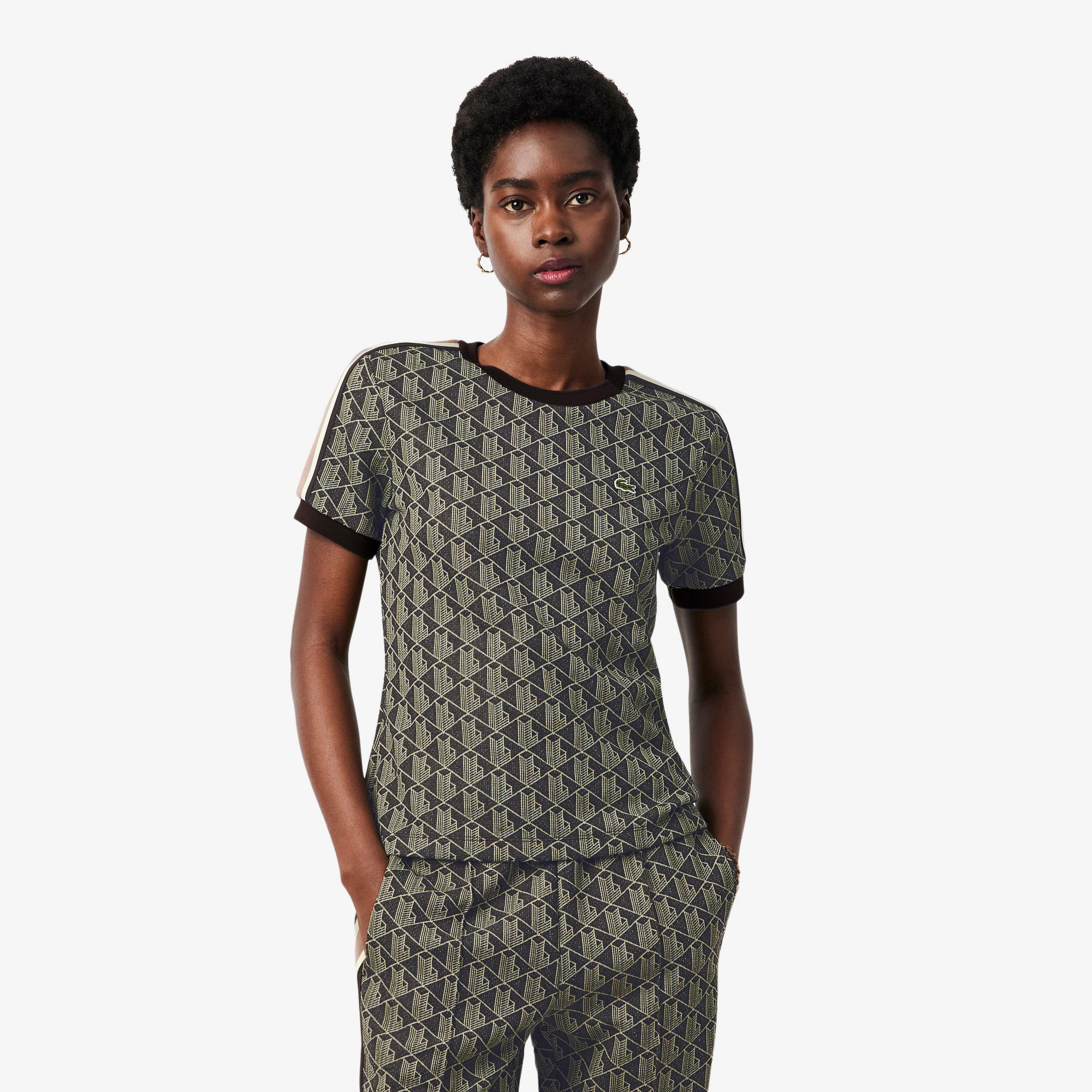 Kadın Slim Fit Bisiklet Yaka Monogram Kahverengi T-Shirt