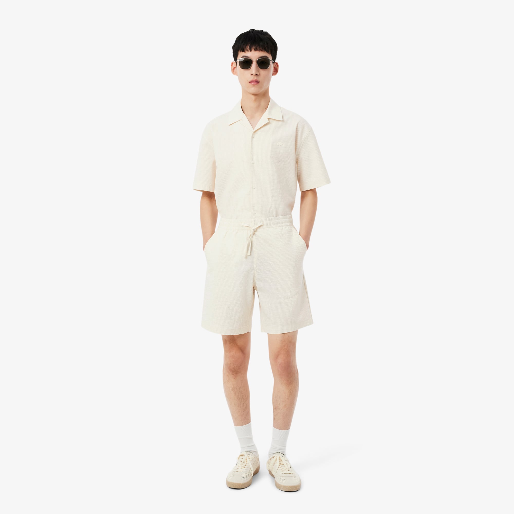 Lacoste Erkek Relaxed Fit Çizgili Beyaz Şort
