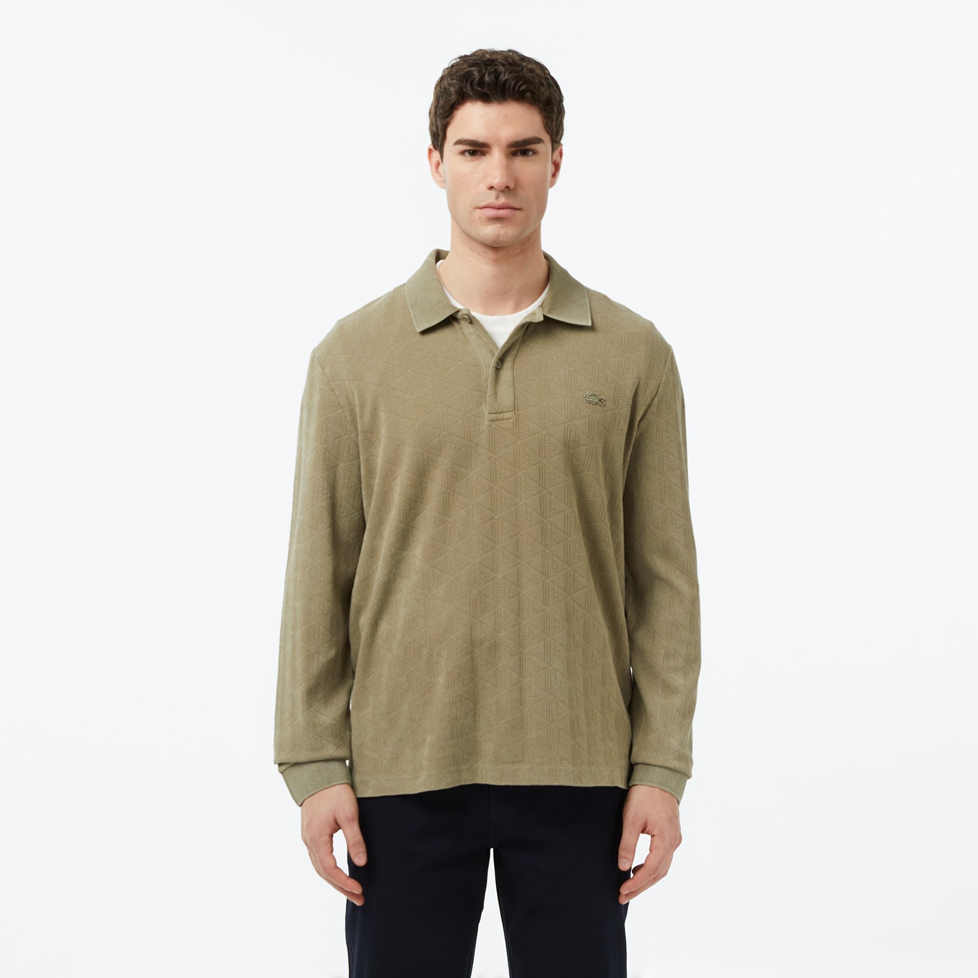 Erkek Regular Fit Uzun Kollu Monogram Haki Polo