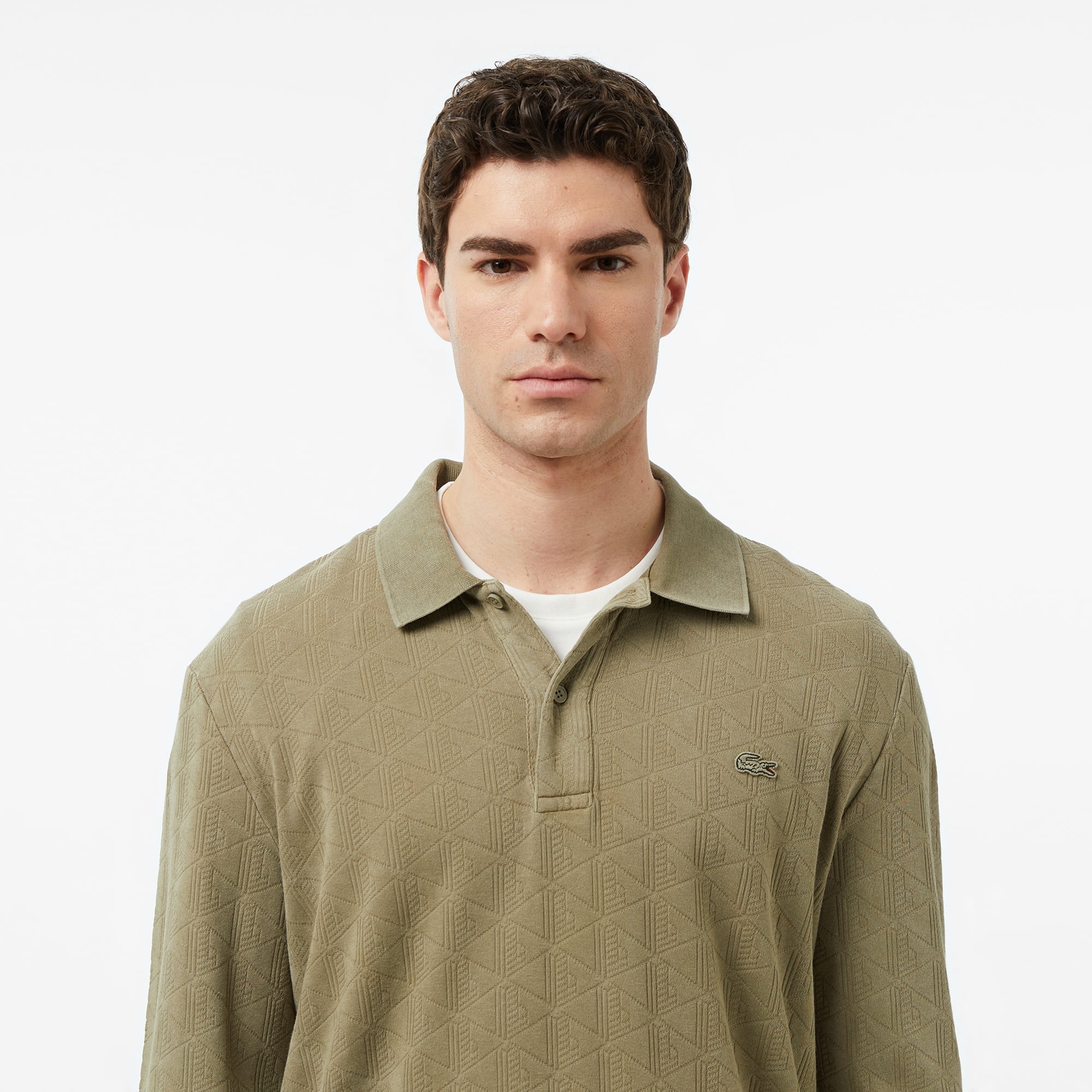 Erkek Regular Fit Uzun Kollu Monogram Haki Polo