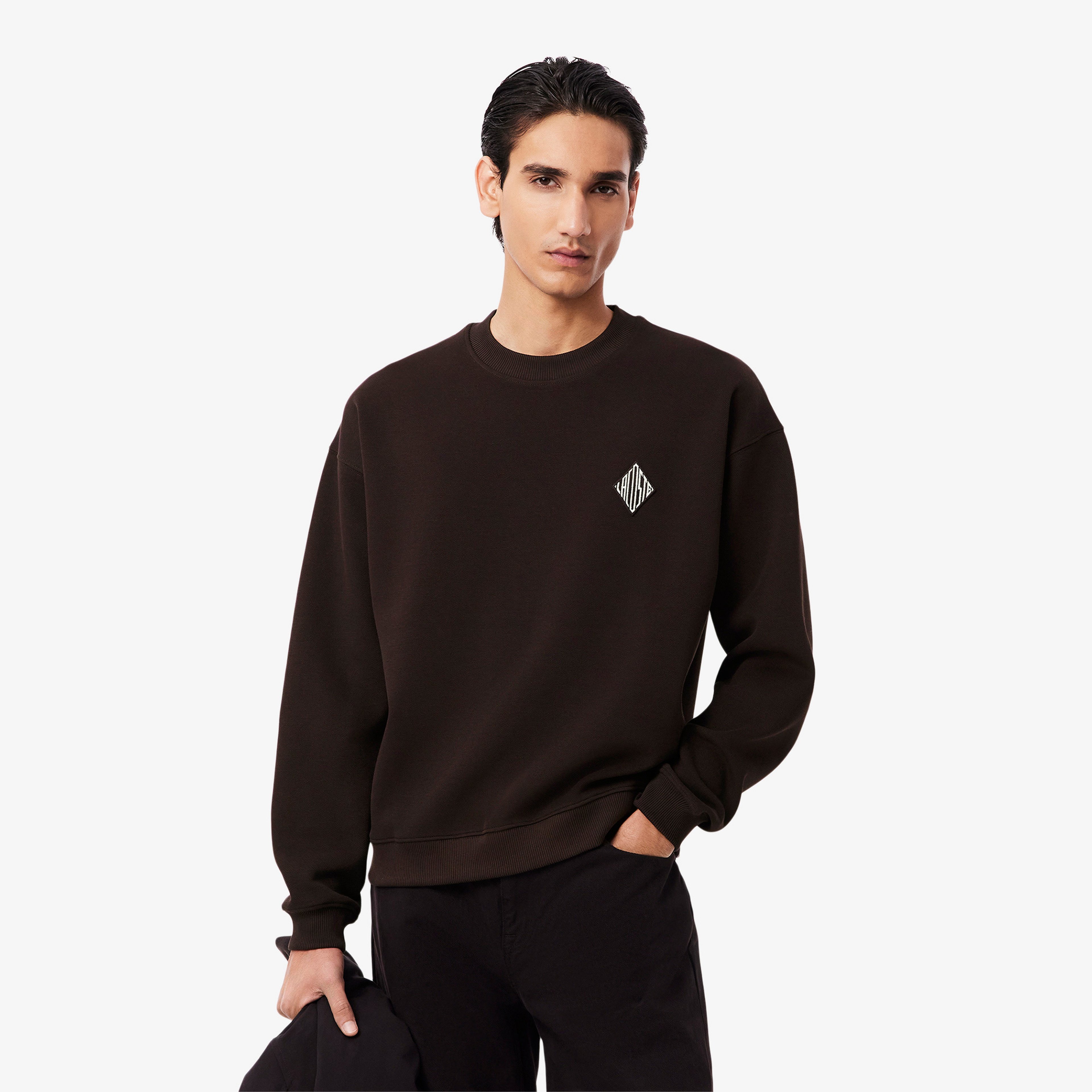 Erkek Loose Fit Bisiklet Yaka Koyu Kahverengi Sweatshirt