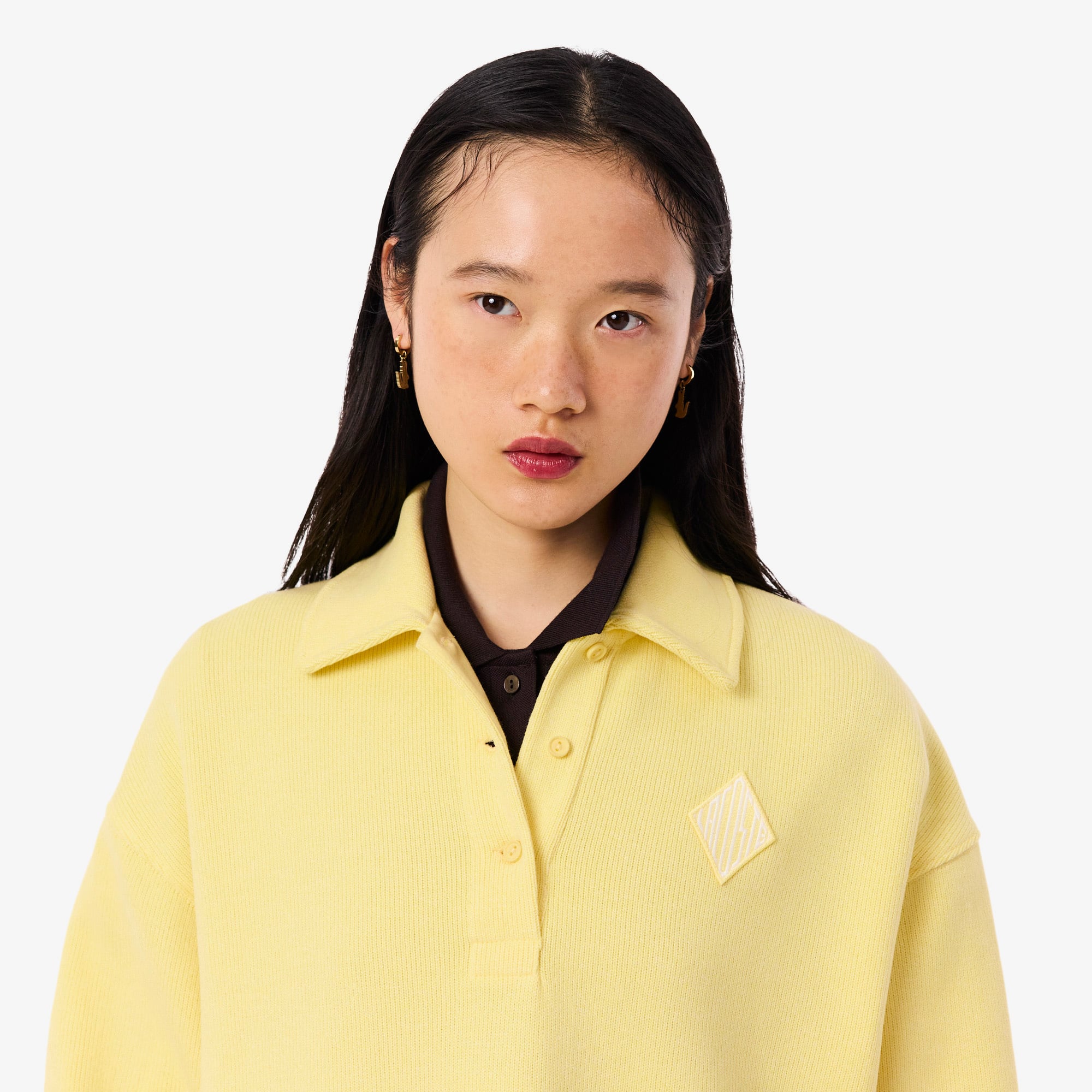 Lacoste Kadın Oversize Fit Polo Yaka Sarı Sweatshirt görsel 2