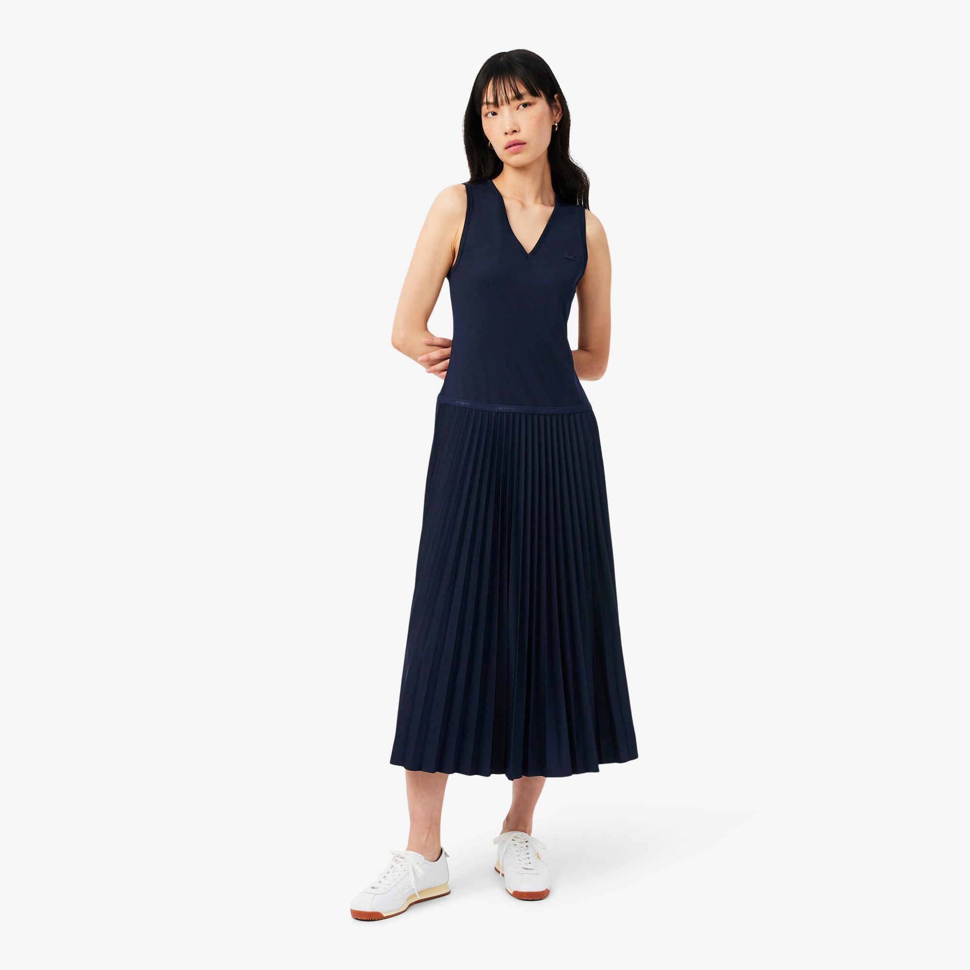 Lacoste Kadın Regular Fit Kolsuz V Yaka Lacivert Elbise