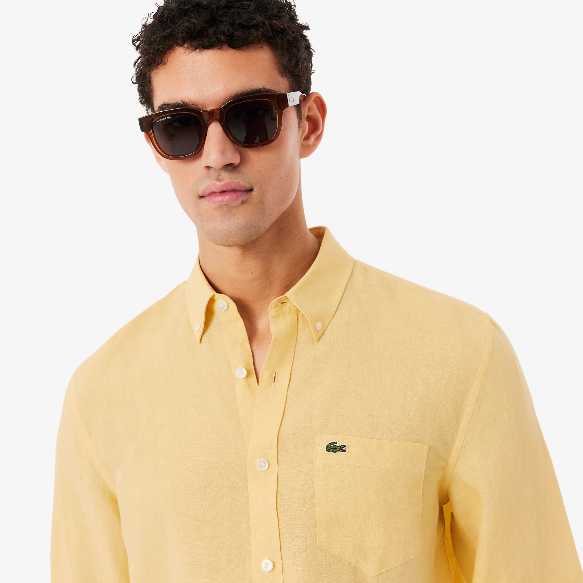 Erkek Regular Fit Düğmeli Yaka Keten Sarı Gömlek