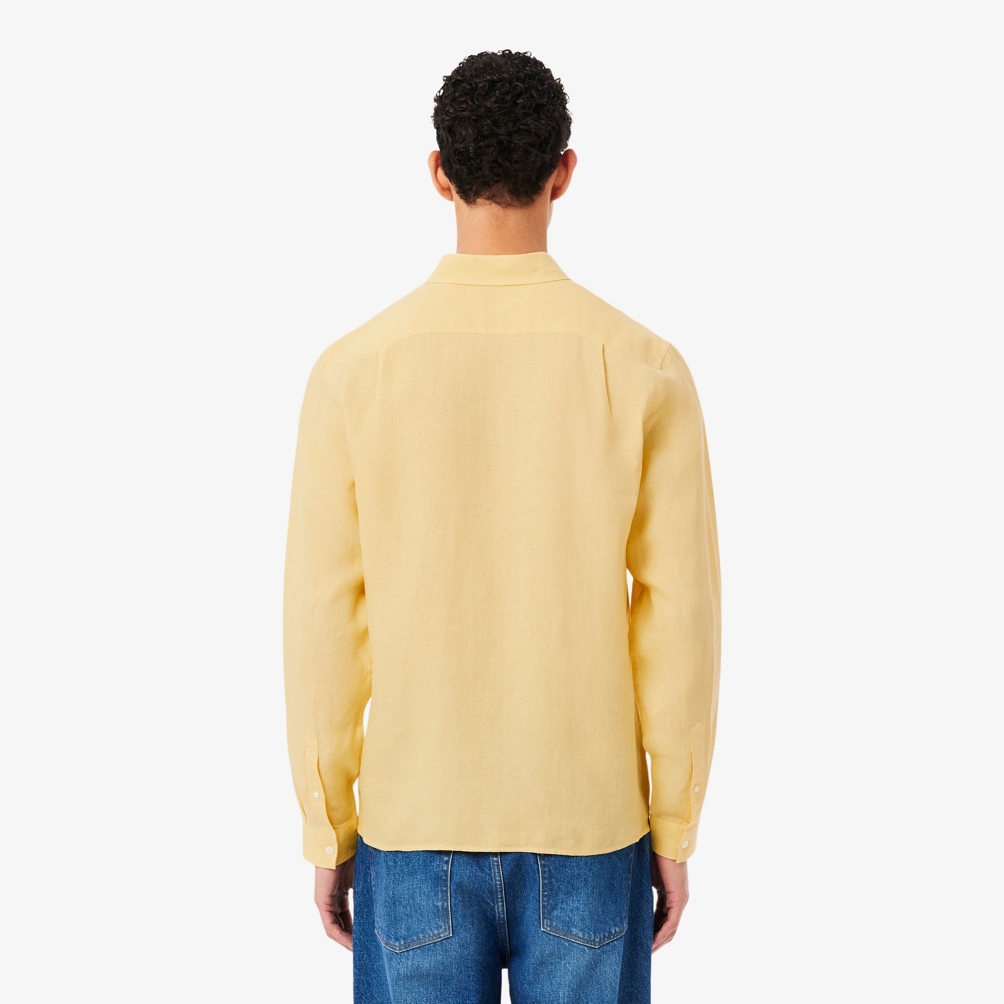 Erkek Regular Fit Düğmeli Yaka Keten Sarı Gömlek