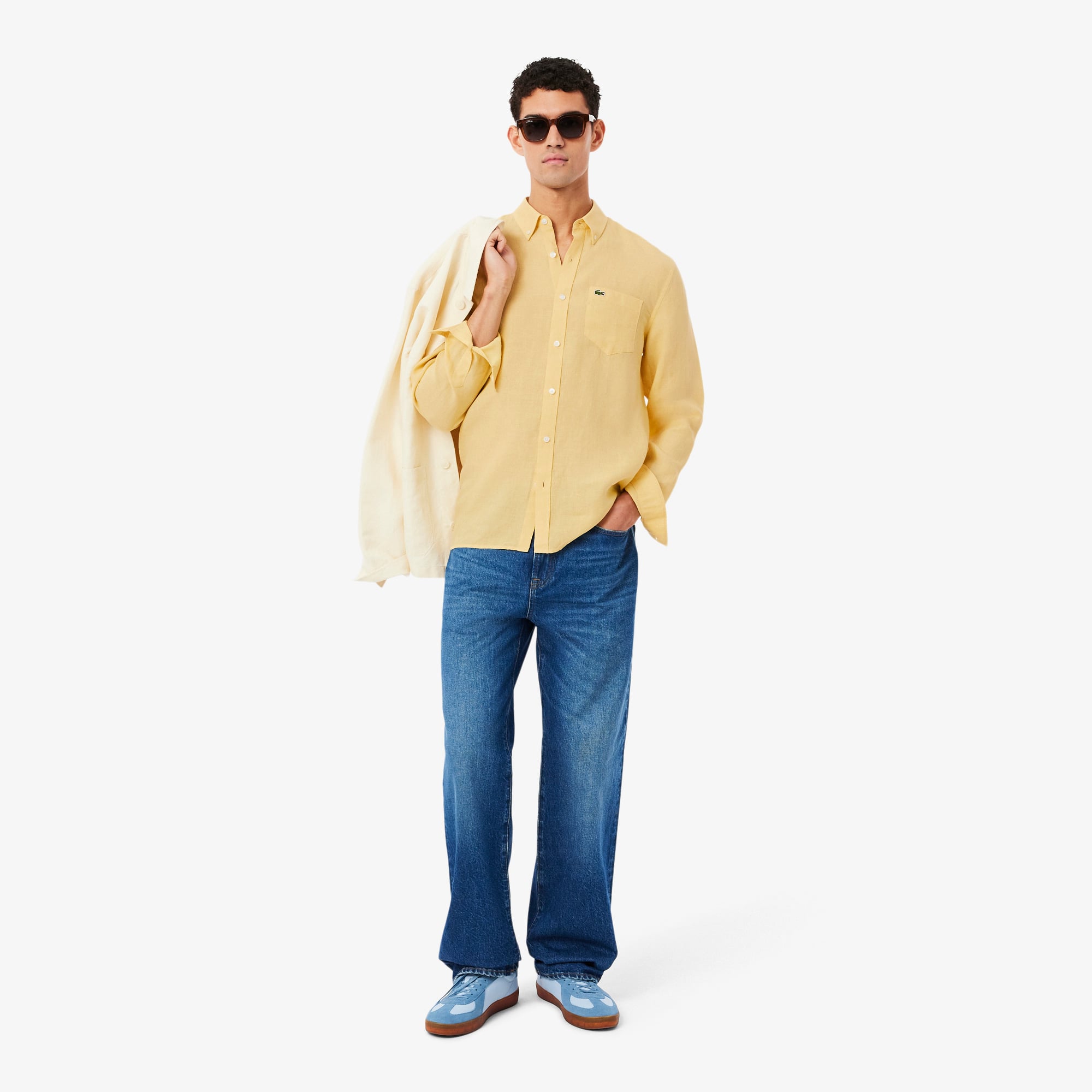 Lacoste Erkek Regular Fit Düğmeli Yaka Keten Sarı Gömlek görsel 4