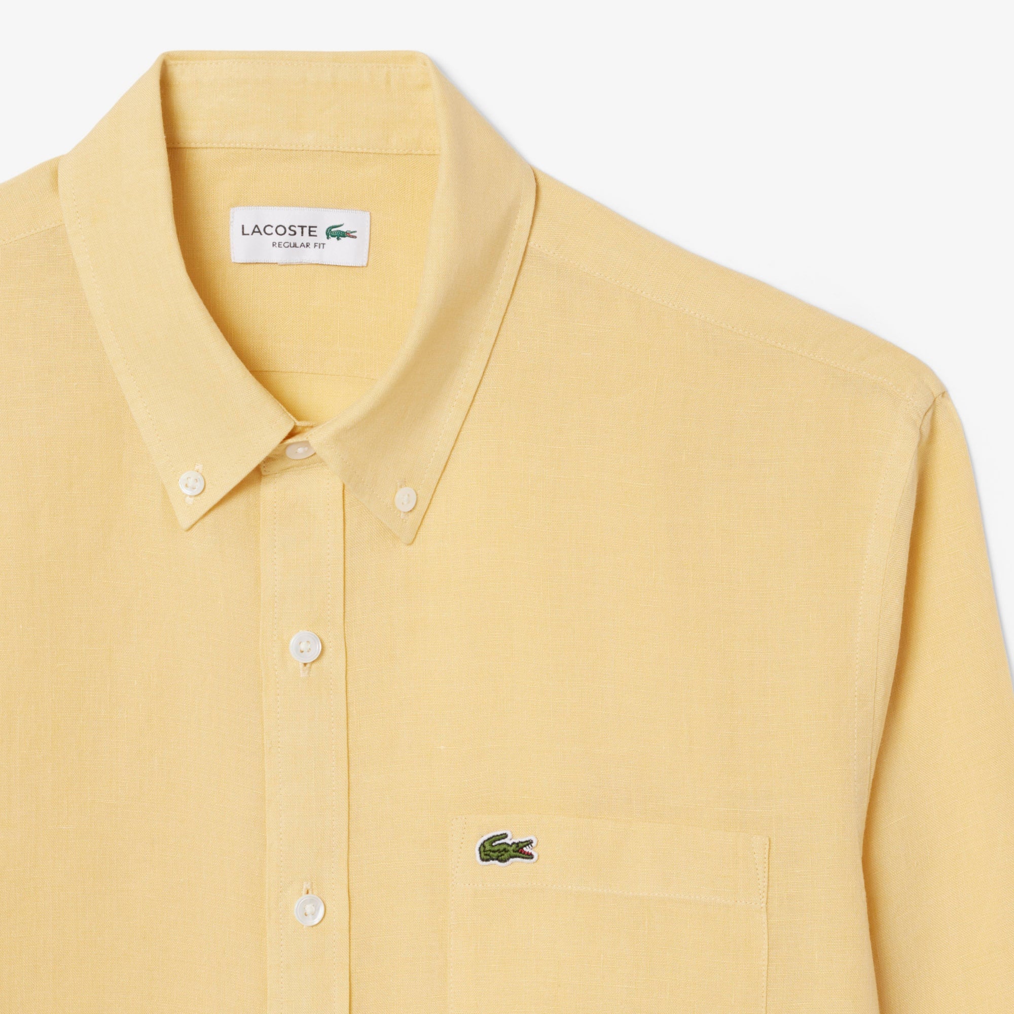 Erkek Regular Fit Düğmeli Yaka Keten Sarı Gömlek