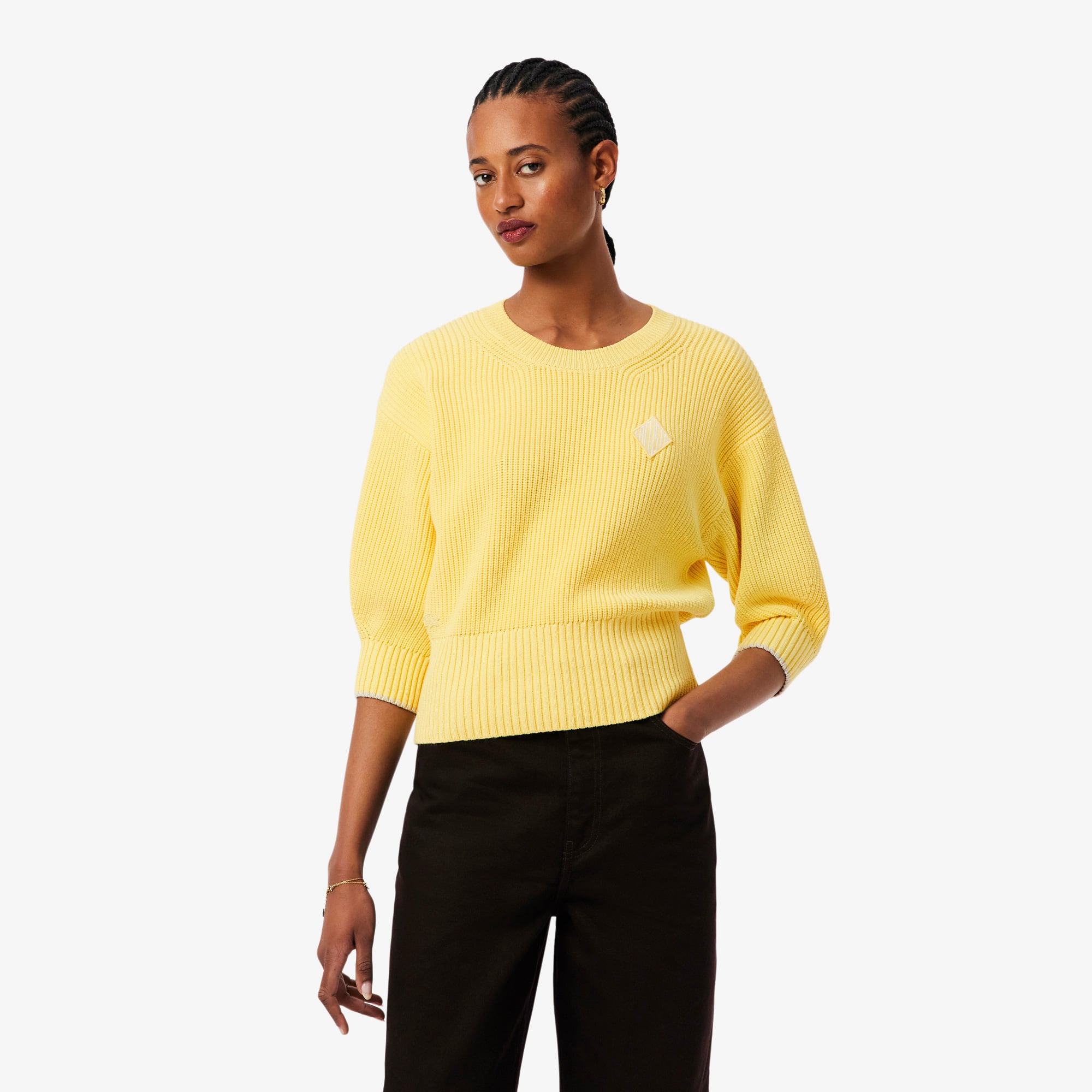 Lacoste Kadın Loose Fit Bisiklet Yaka Sarı Kazak