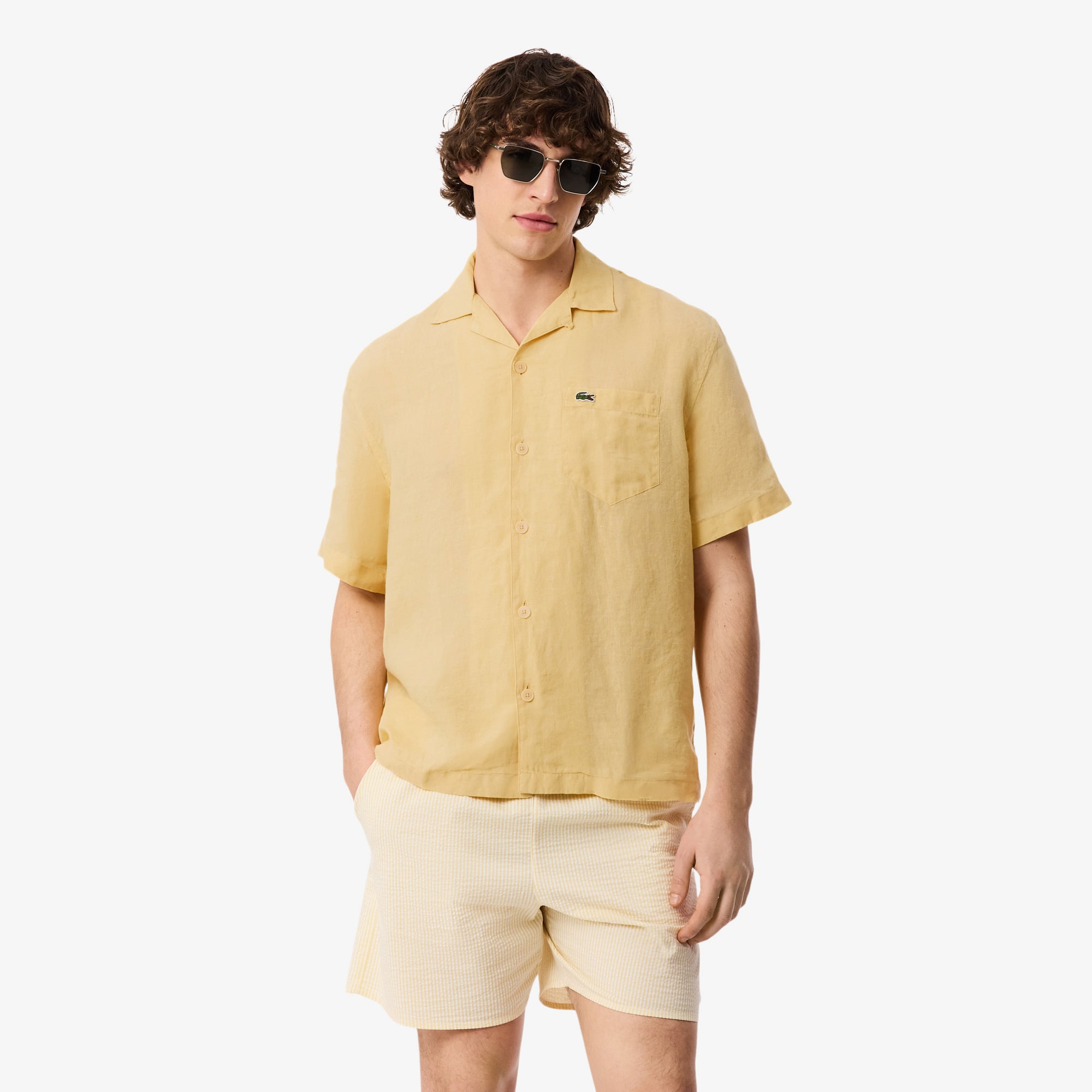 Lacoste Erkek Relaxed Fit Kısa Kollu Keten Bej Gömlek