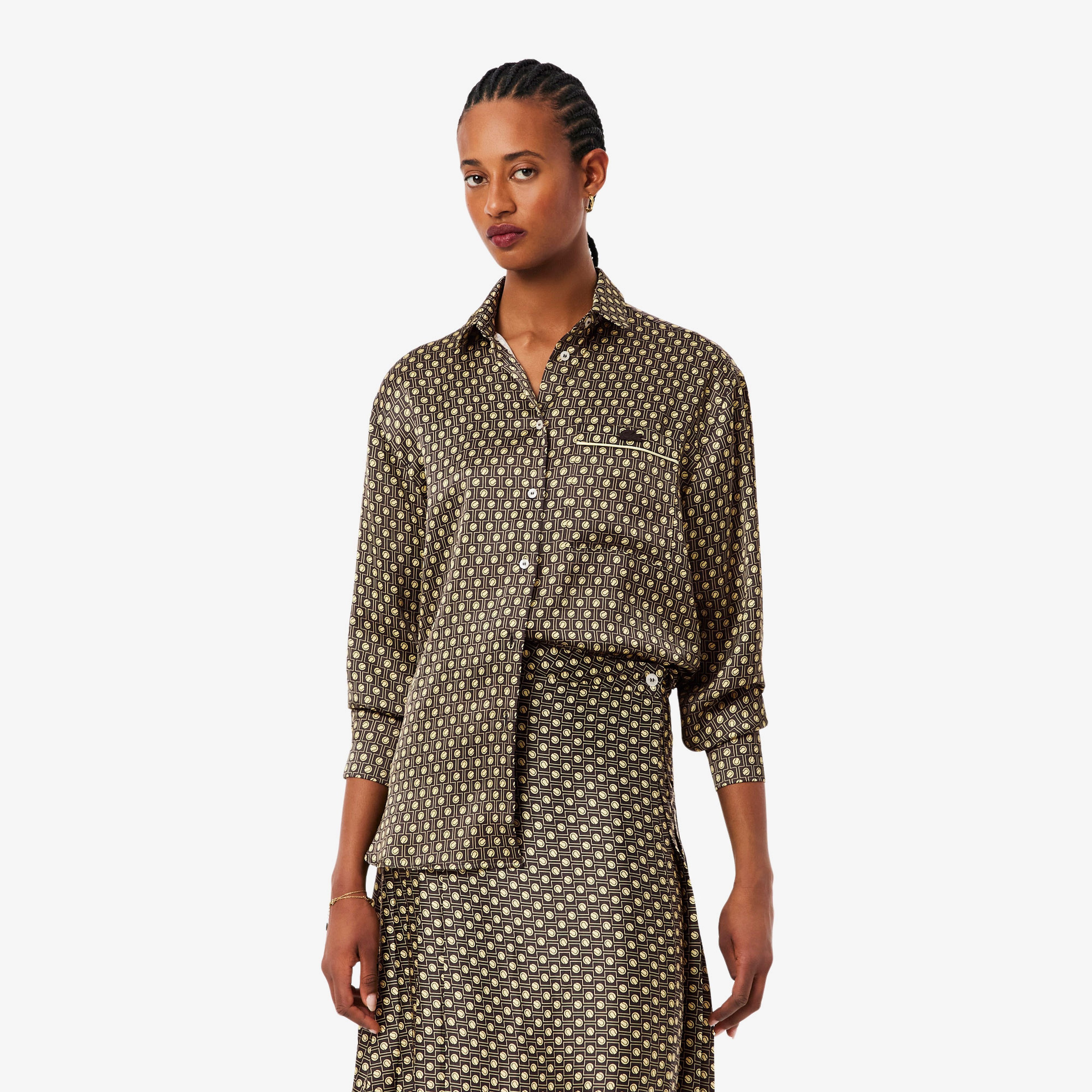 Kadın Oversize Fit Desenli Kahverengi Gömlek