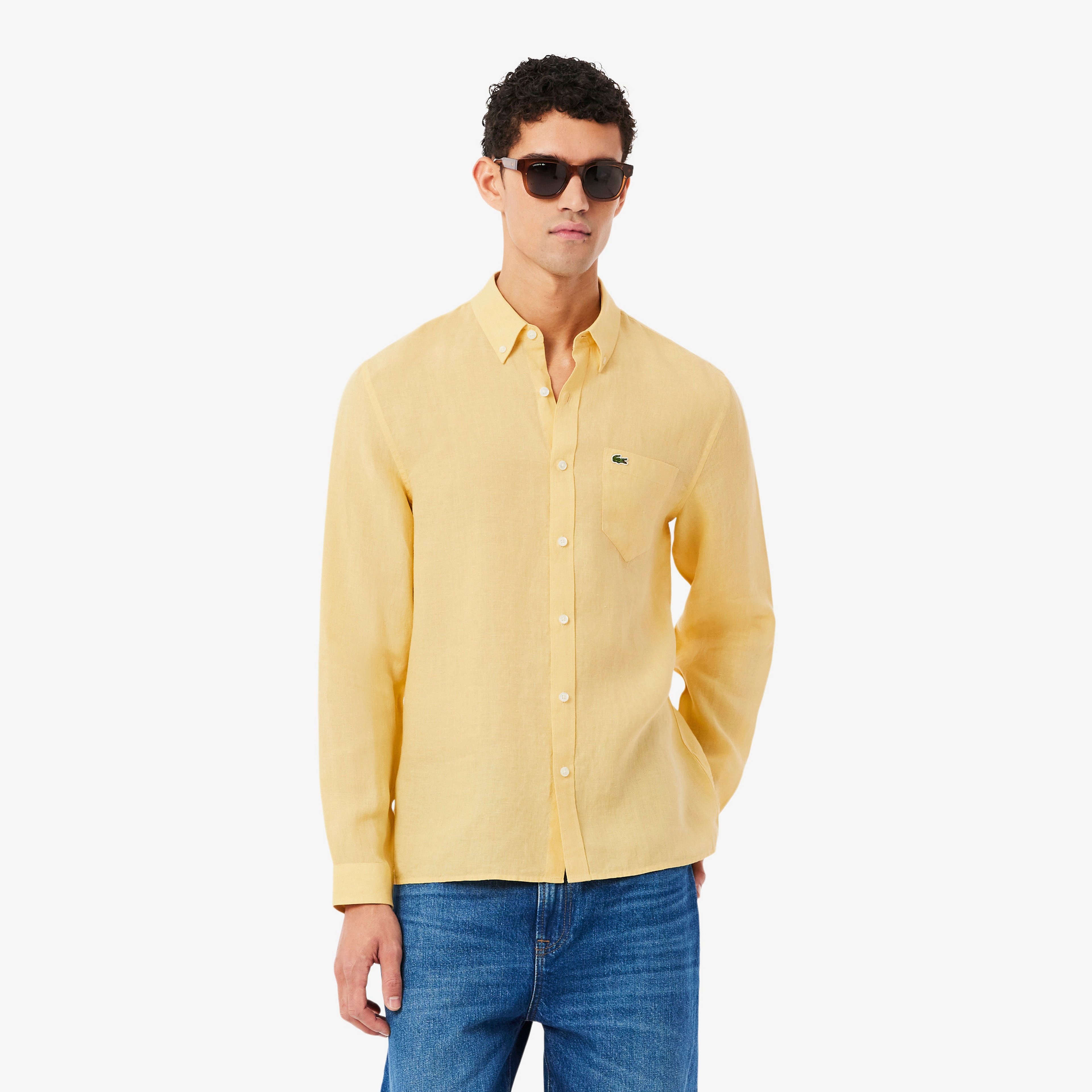 Erkek Regular Fit Düğmeli Yaka Keten Sarı Gömlek Erkek Regular Fit Düğmeli Yaka Keten Sarı Gömlek