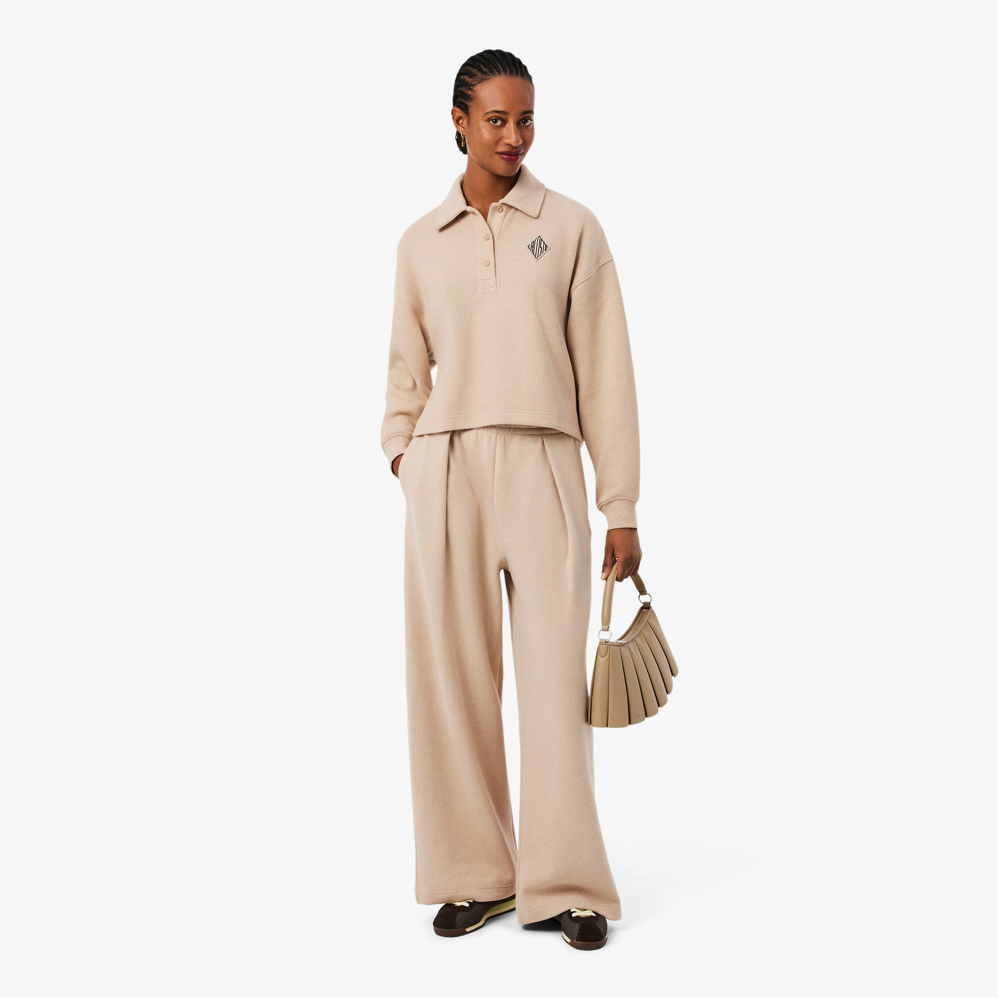 Lacoste Kadın Oversize Fit Polo Yaka Bej Sweatshirt görsel 4