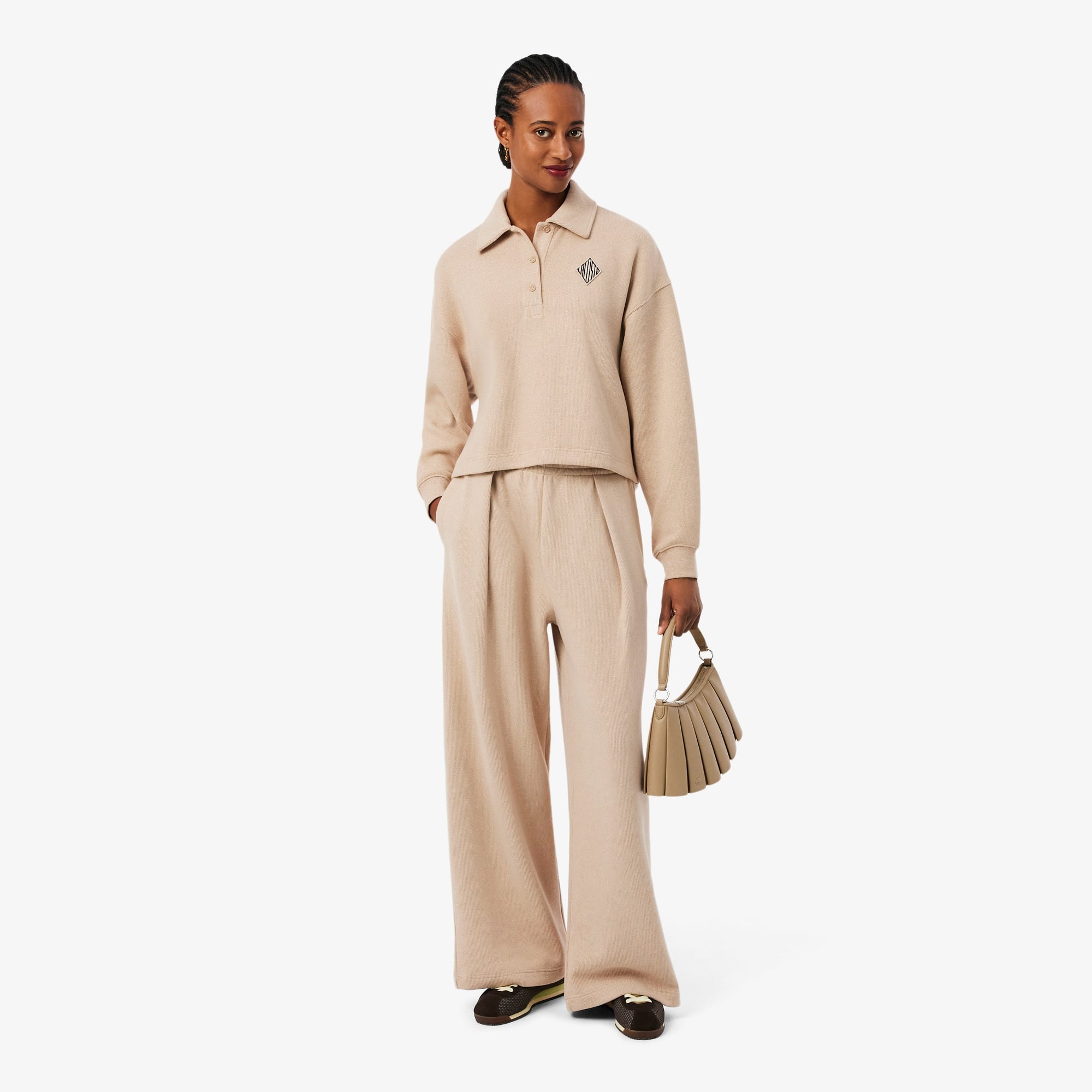 Kadın Oversize Fit Polo Yaka Bej Sweatshirt