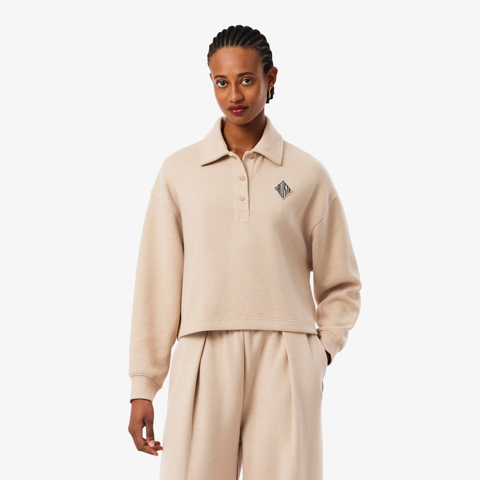 Kadın Oversize Fit Polo Yaka Bej Sweatshirt