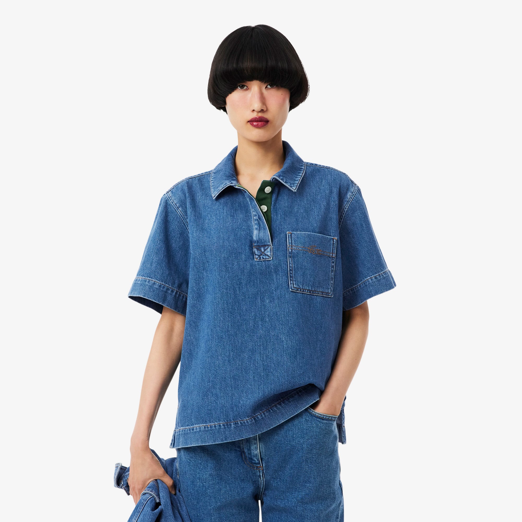 Lacoste Kadın Oversize Fit Kısa Kollu Polo Yaka Denim Mavi Gömlek