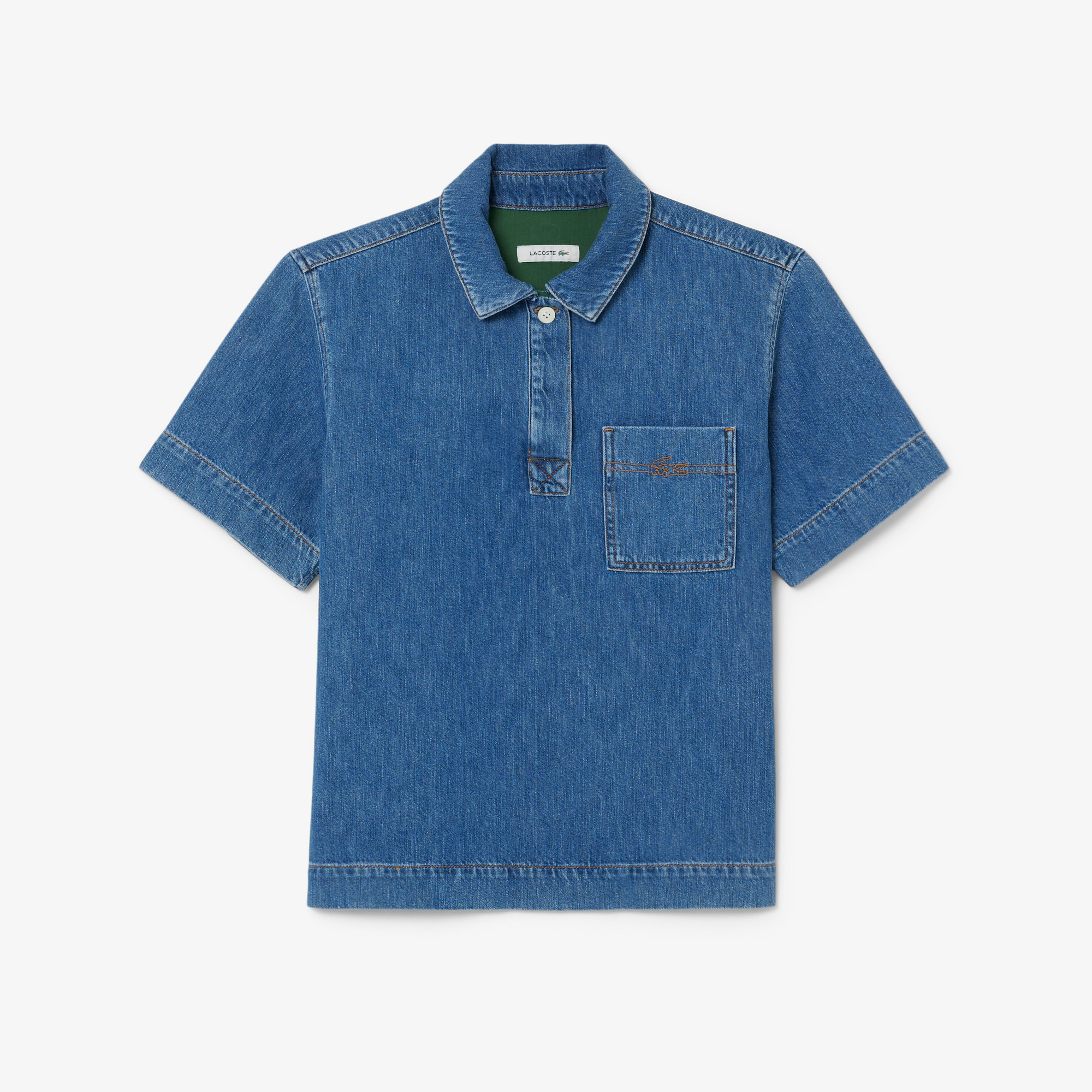 Lacoste Kadın Oversize Fit Kısa Kollu Polo Yaka Denim Mavi Gömlek görsel 5