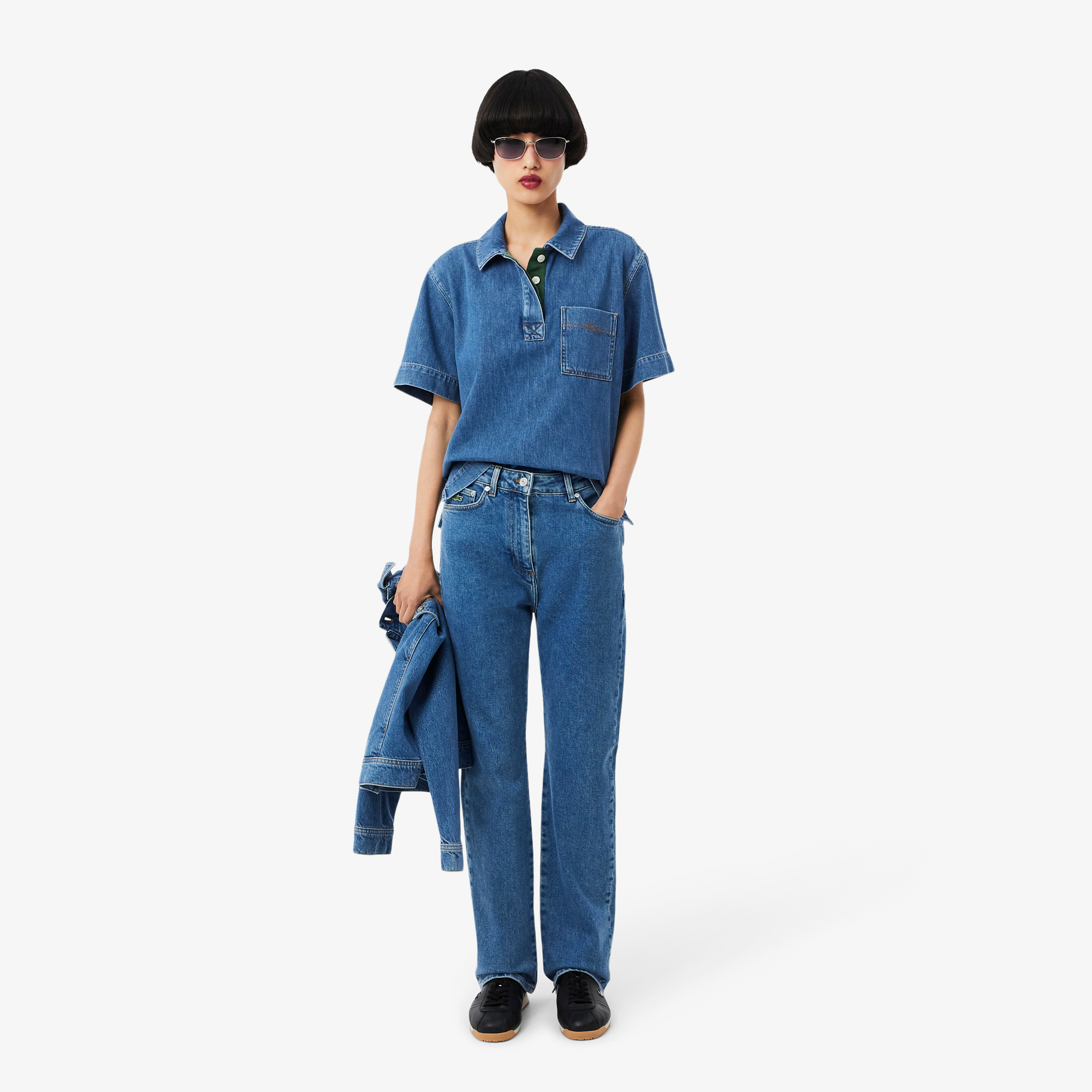 Lacoste Kadın Oversize Fit Kısa Kollu Polo Yaka Denim Mavi Gömlek görsel 4
