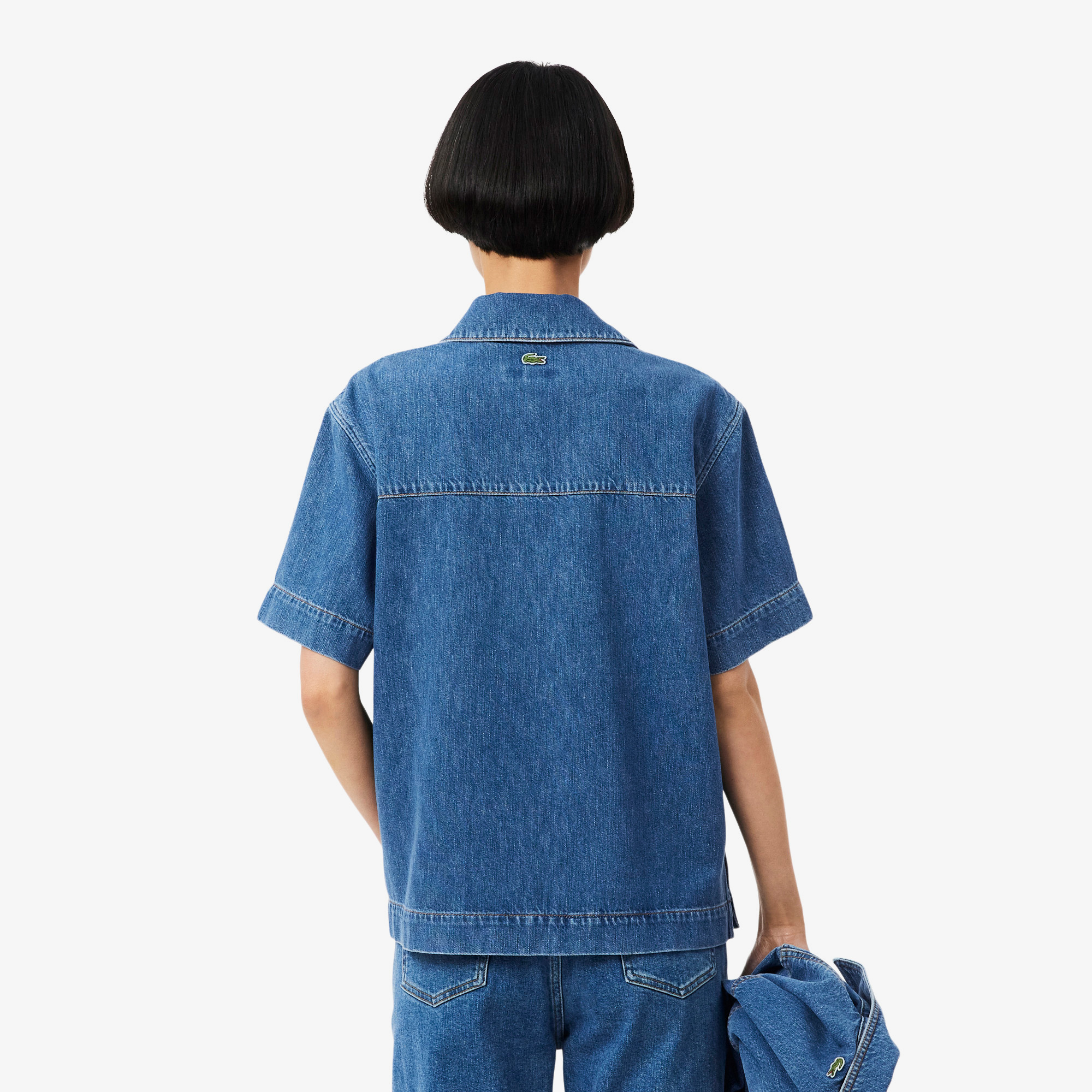 Lacoste Kadın Oversize Fit Kısa Kollu Polo Yaka Denim Mavi Gömlek görsel 3