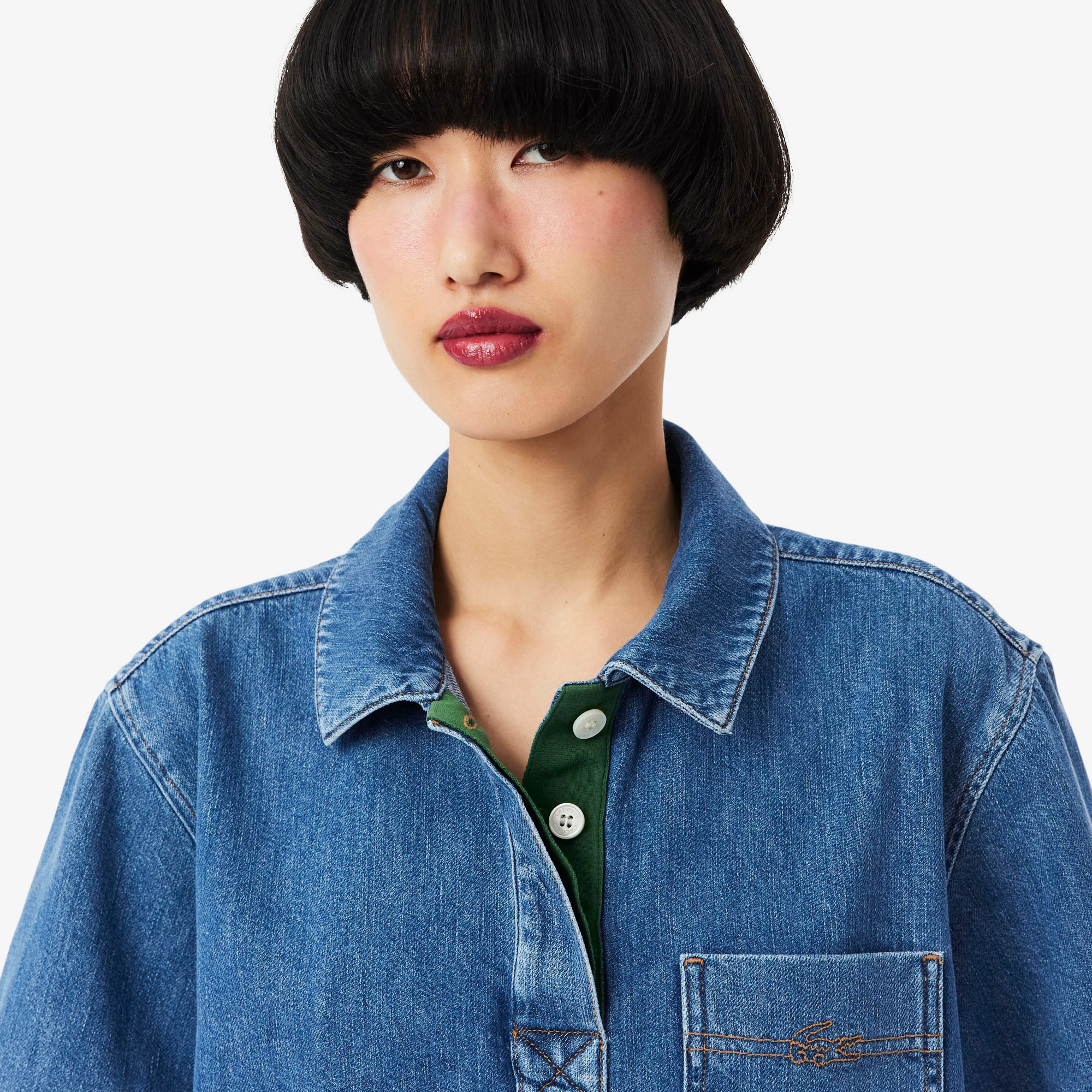 Lacoste Kadın Oversize Fit Kısa Kollu Polo Yaka Denim Mavi Gömlek görsel 2