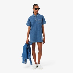 Kadın Oversize Fit Kısa Kollu Polo Yaka Denim Mavi Elbise Mavi