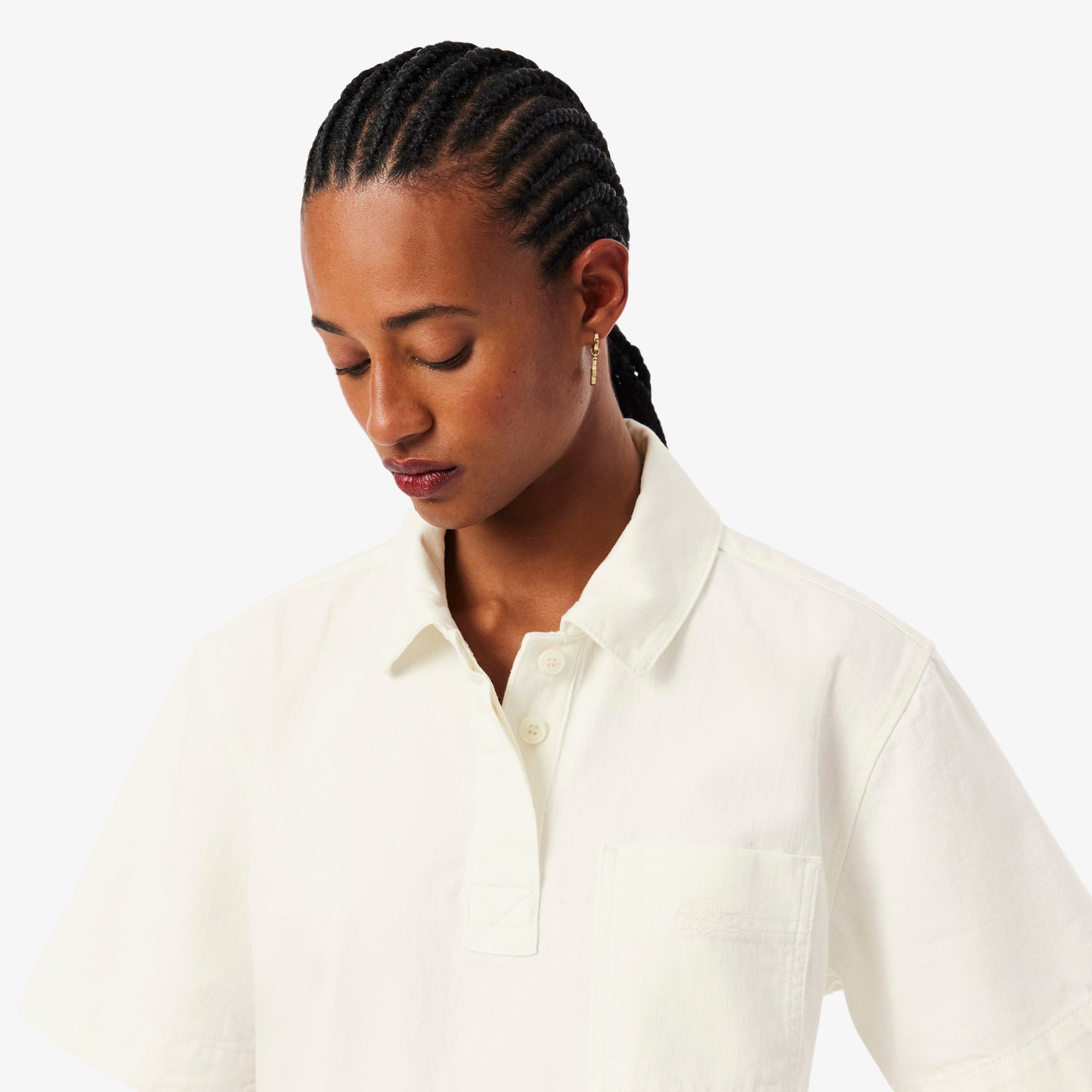 Kadın Oversize Fit Kısa Kollu Polo Yaka Denim Beyaz Gömlek