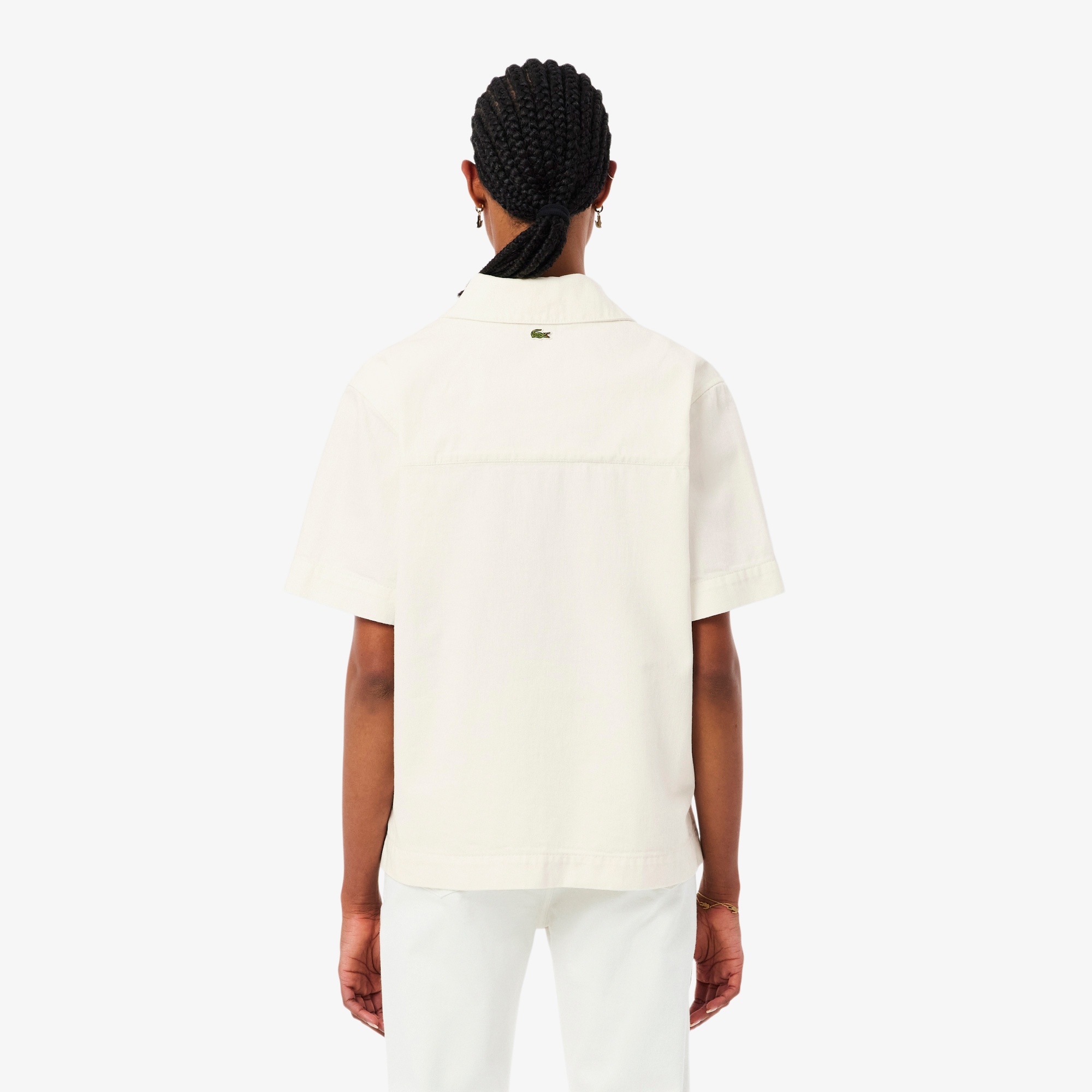 Kadın Oversize Fit Kısa Kollu Polo Yaka Denim Beyaz Gömlek