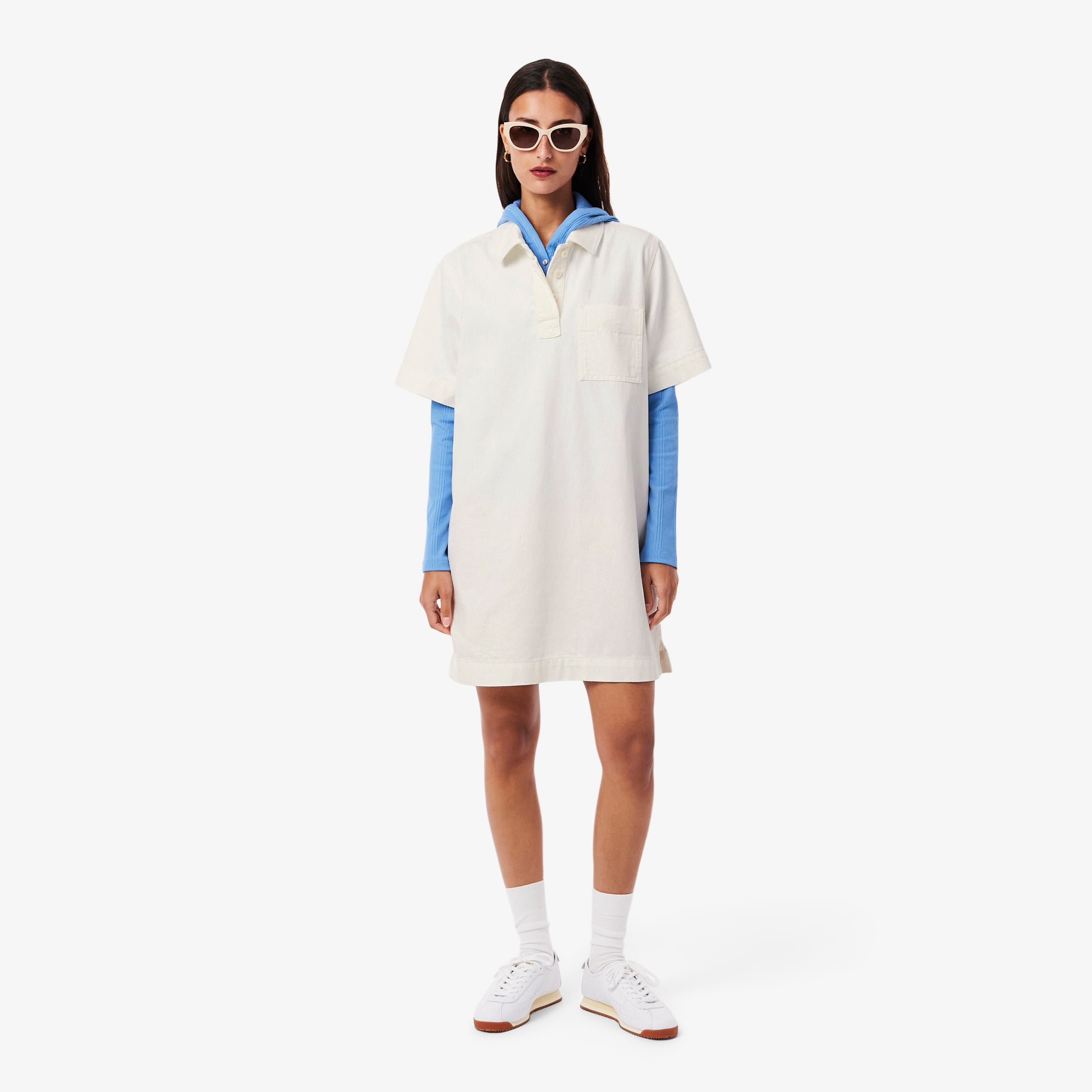 Lacoste Kadın Oversize Fit Kısa Kollu Polo Yaka Denim Beyaz Elbise