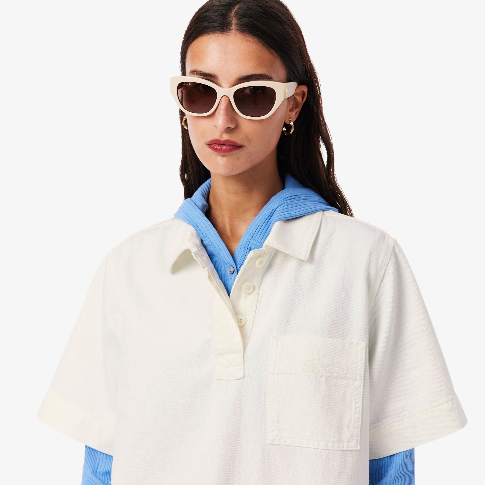 Lacoste Kadın Oversize Fit Kısa Kollu Polo Yaka Denim Beyaz Elbise görsel 2