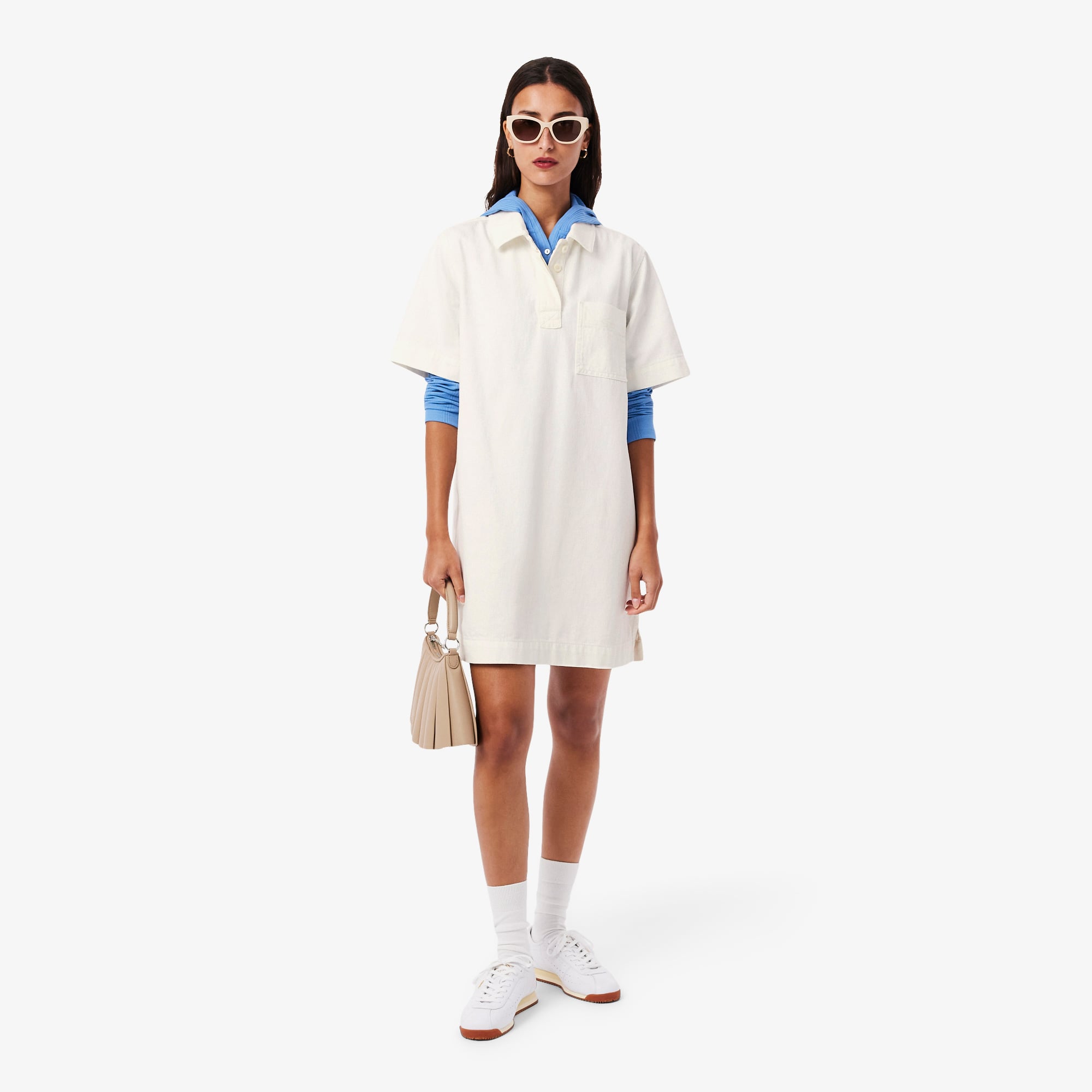 Lacoste Kadın Oversize Fit Kısa Kollu Polo Yaka Denim Beyaz Elbise görsel 4