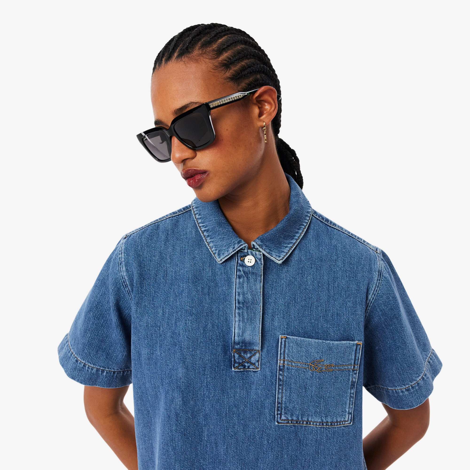 Lacoste Kadın Oversize Fit Kısa Kollu Polo Yaka Denim Mavi Elbise görsel 2