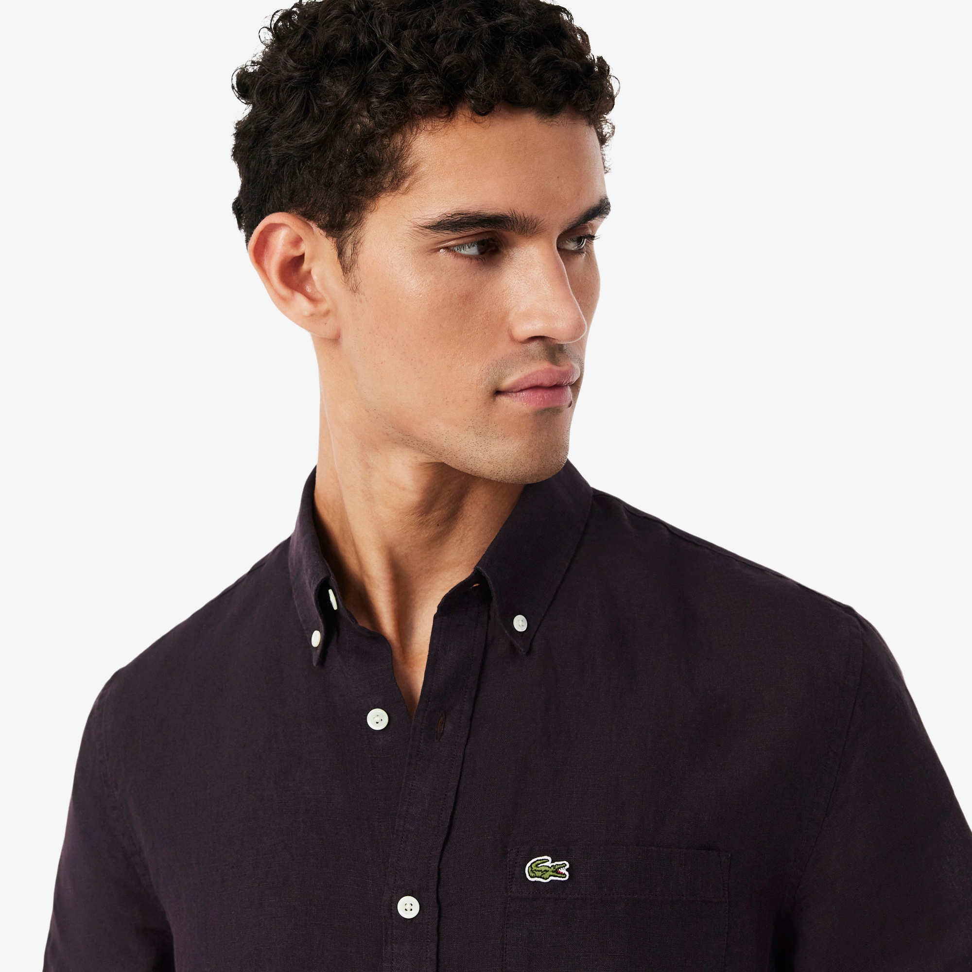 Erkek Regular Fit Kısa Kollu Düğmeli Yaka Keten Kahverengi Gömlek