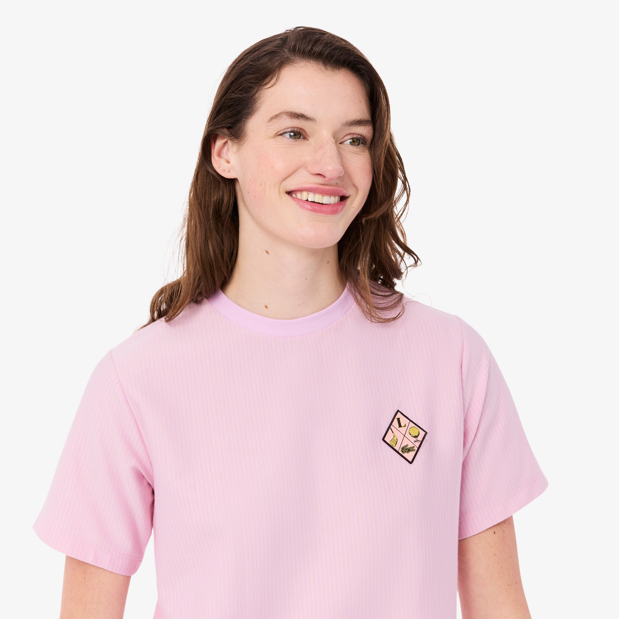 Lacoste Kadın Regular Fit Bisiklet Yaka Çizgili Pembe T-Shirt görsel 2