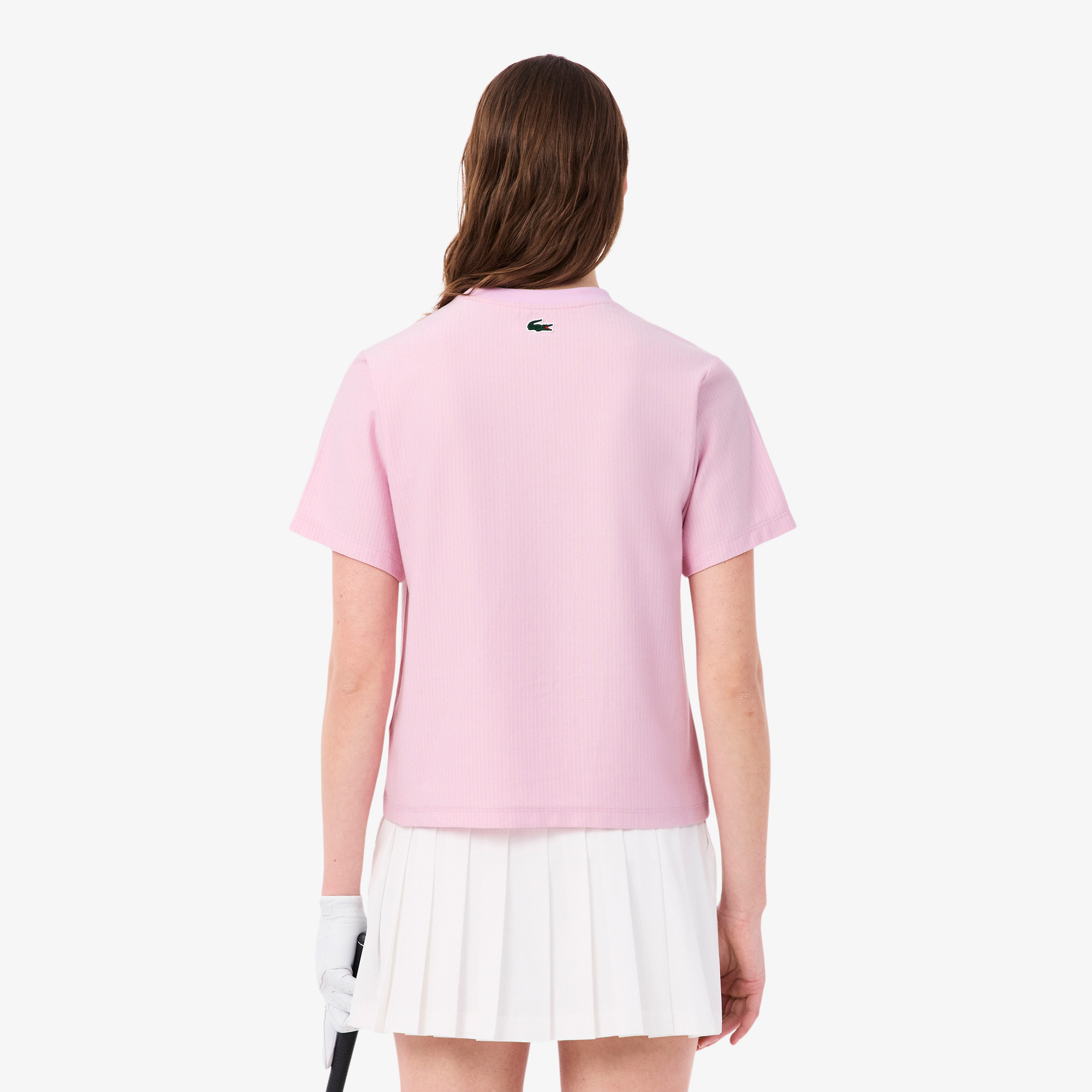 Lacoste Kadın Regular Fit Bisiklet Yaka Çizgili Pembe T-Shirt görsel 3