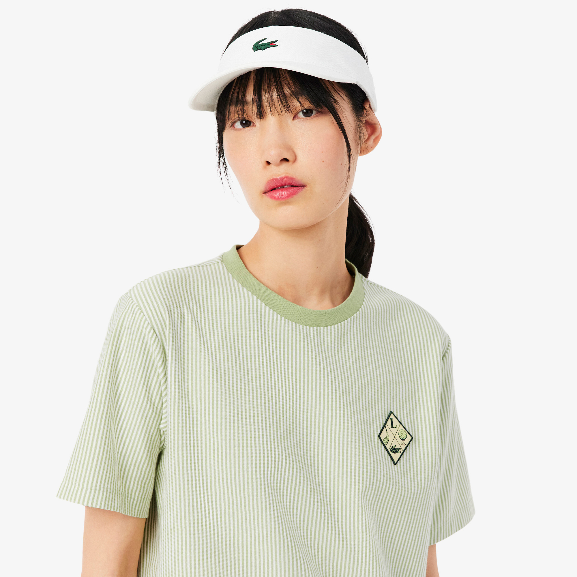Lacoste Kadın Regular Fit Bisiklet Yaka Çizgili Yeşil T-Shirt görsel 2