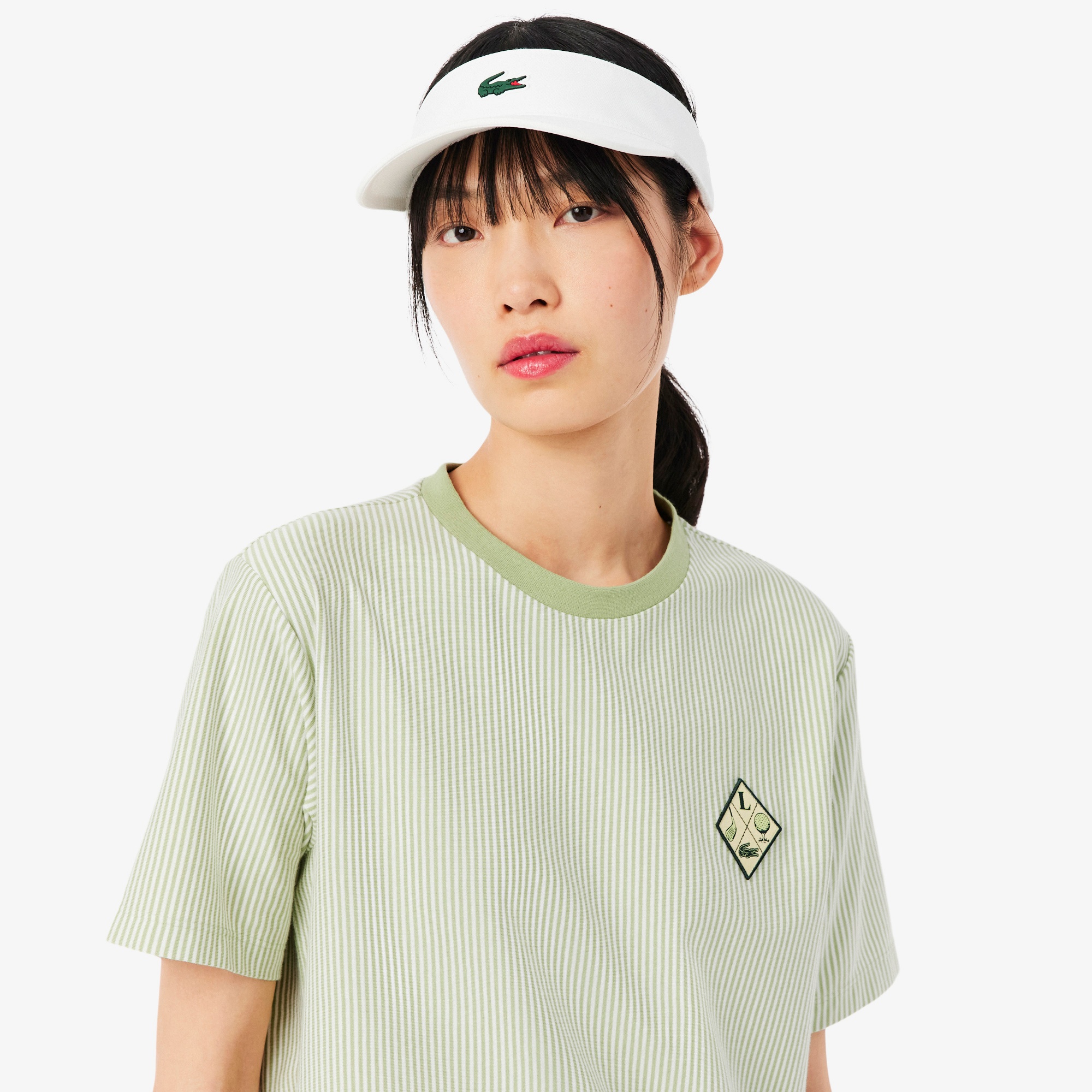 Kadın Regular Fit Bisiklet Yaka Çizgili Yeşil T-Shirt