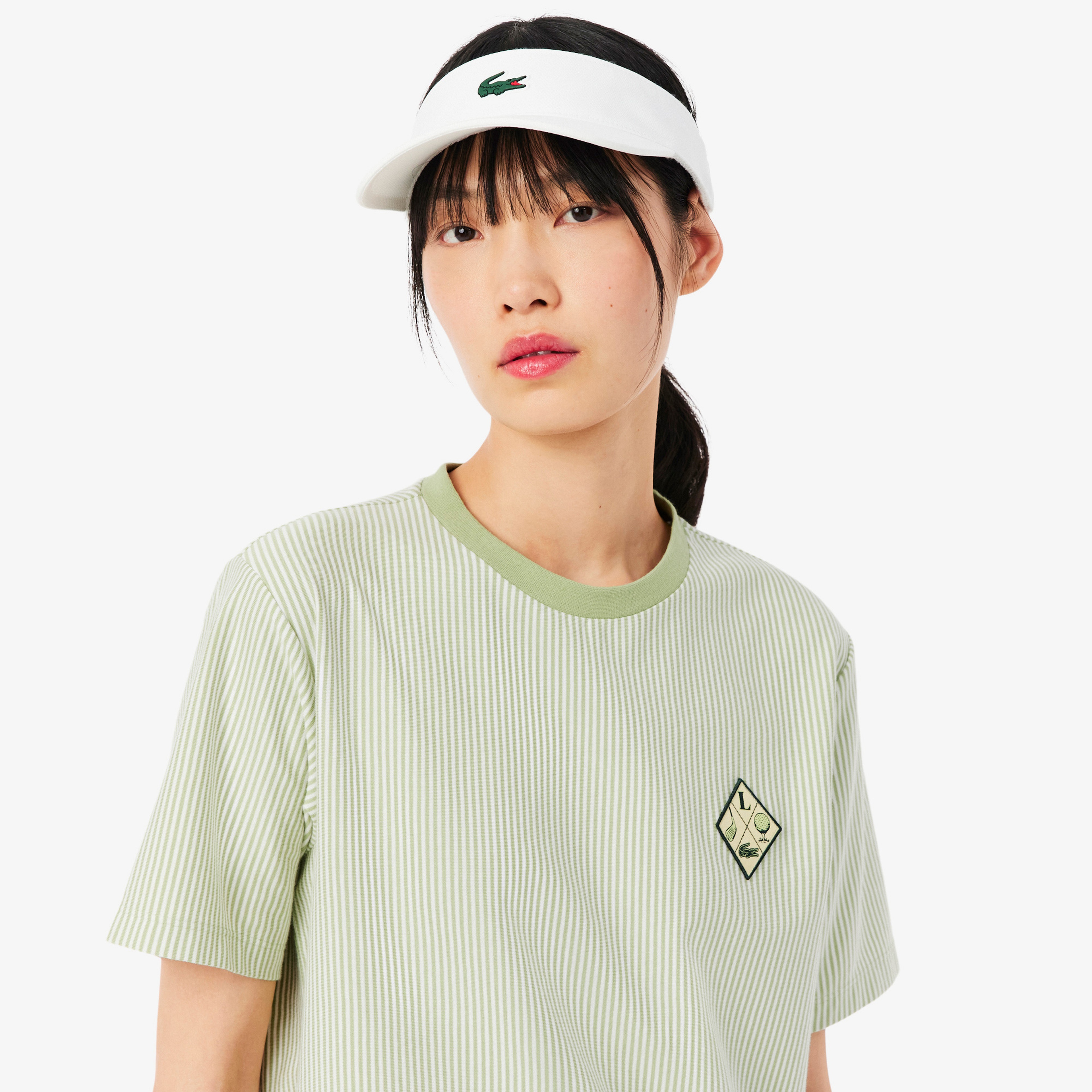 Kadın Regular Fit Bisiklet Yaka Çizgili Yeşil T-Shirt