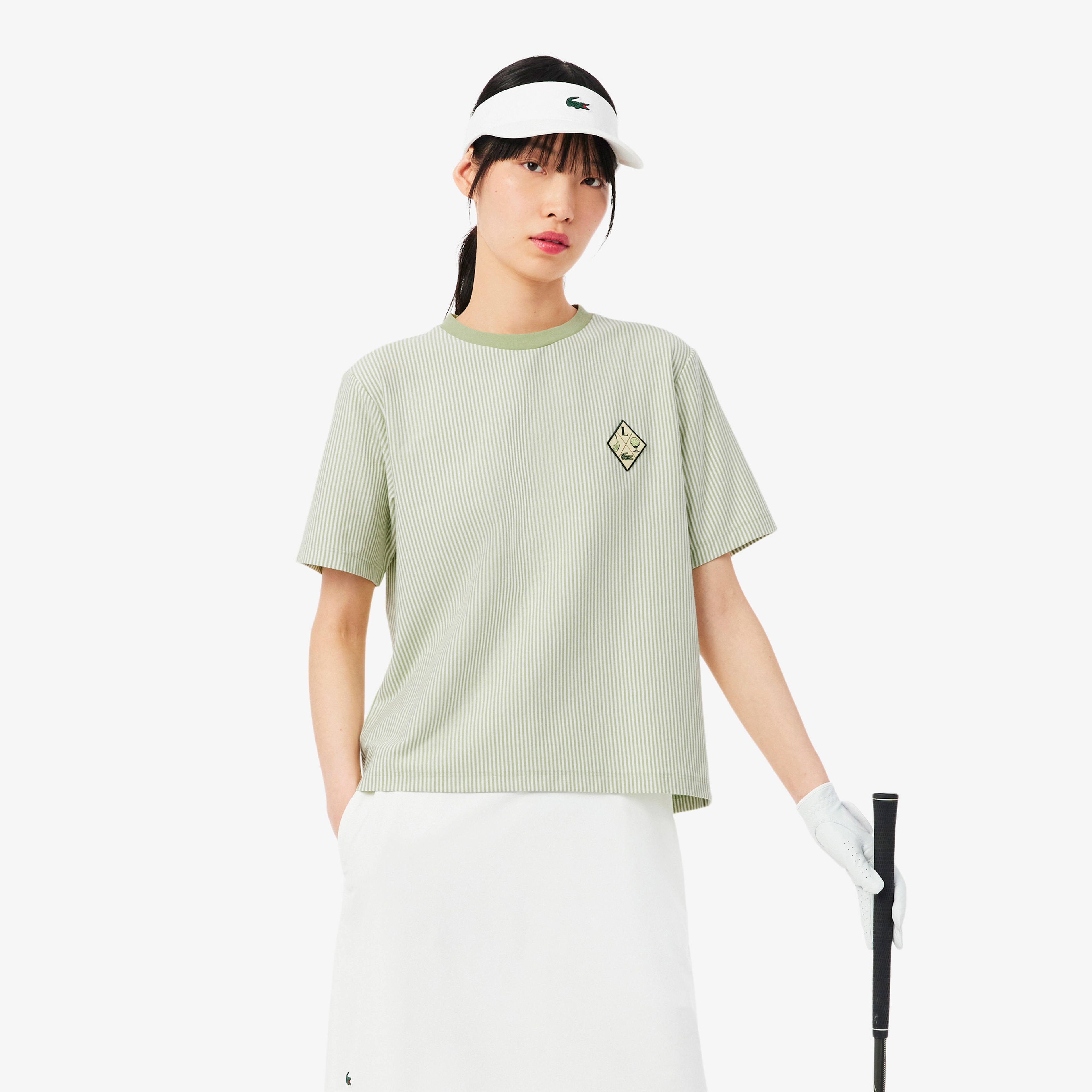 Kadın Regular Fit Bisiklet Yaka Çizgili Beyaz T-Shirt