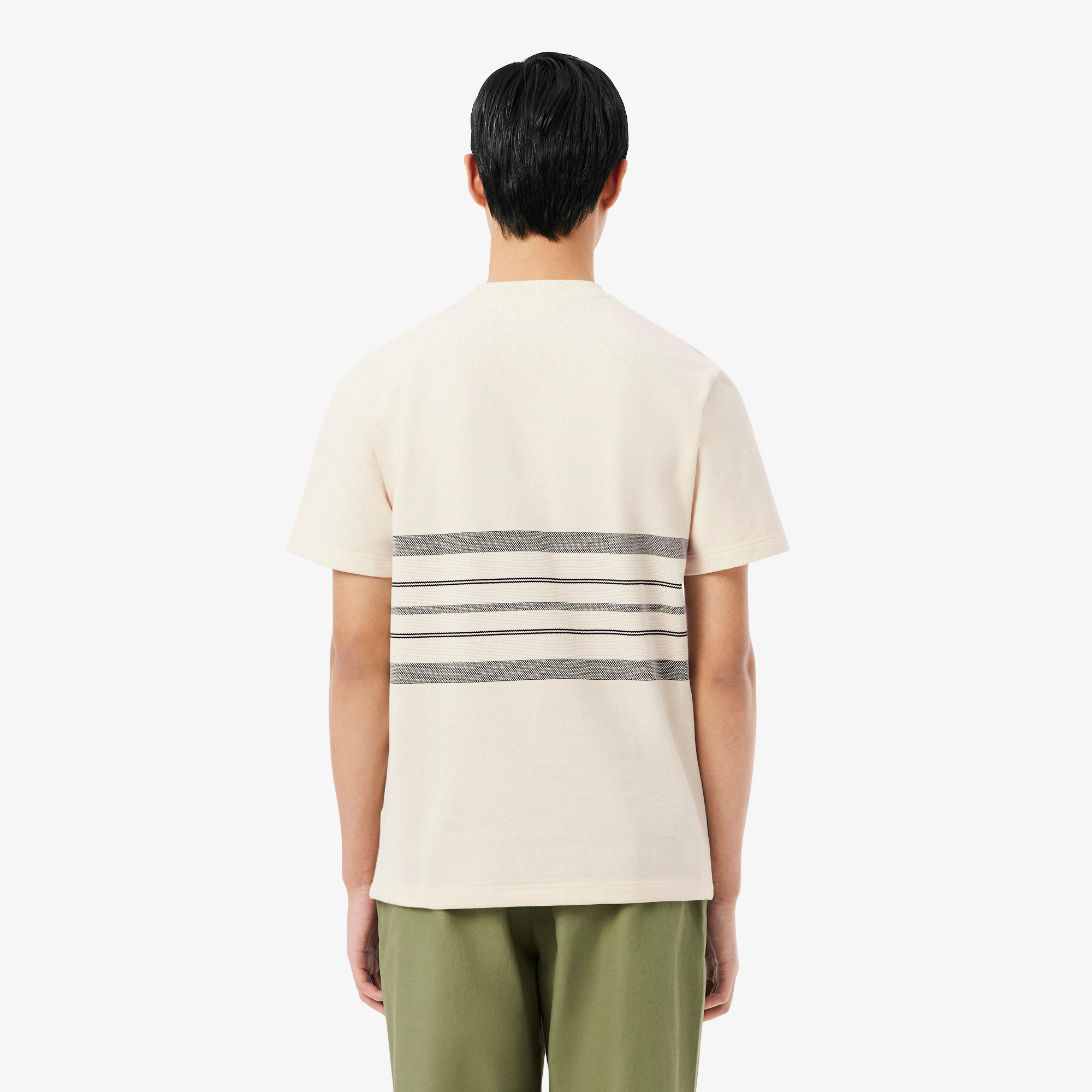Lacoste Erkek Classic Fit Bisiklet Yaka Çizgili Krem T-Shirt görsel 3