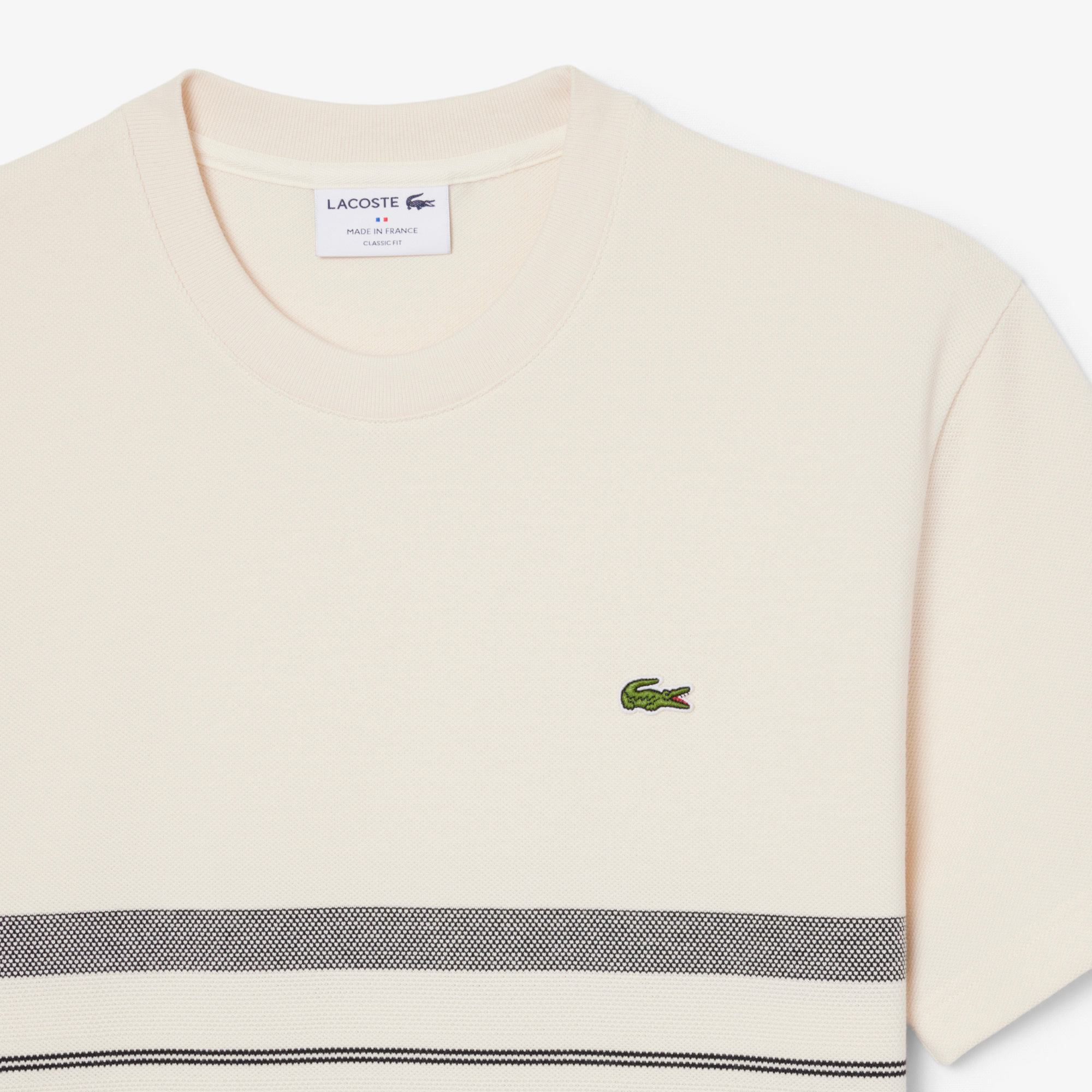 Lacoste Erkek Classic Fit Bisiklet Yaka Çizgili Krem T-Shirt görsel 6