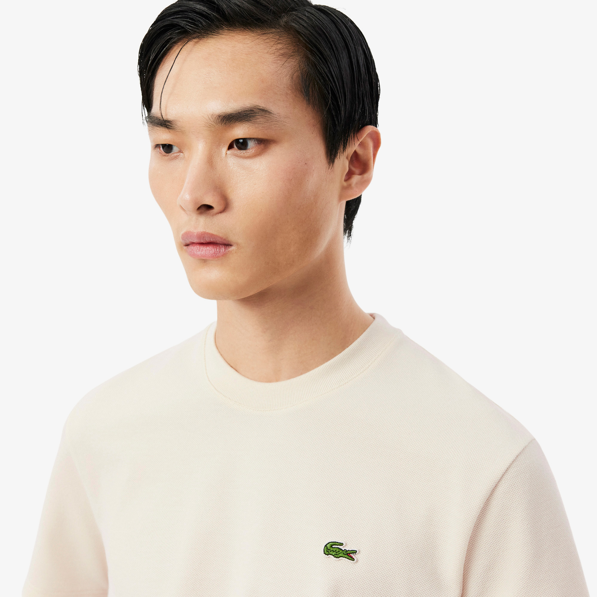 Lacoste Erkek Classic Fit Bisiklet Yaka Çizgili Krem T-Shirt görsel 2