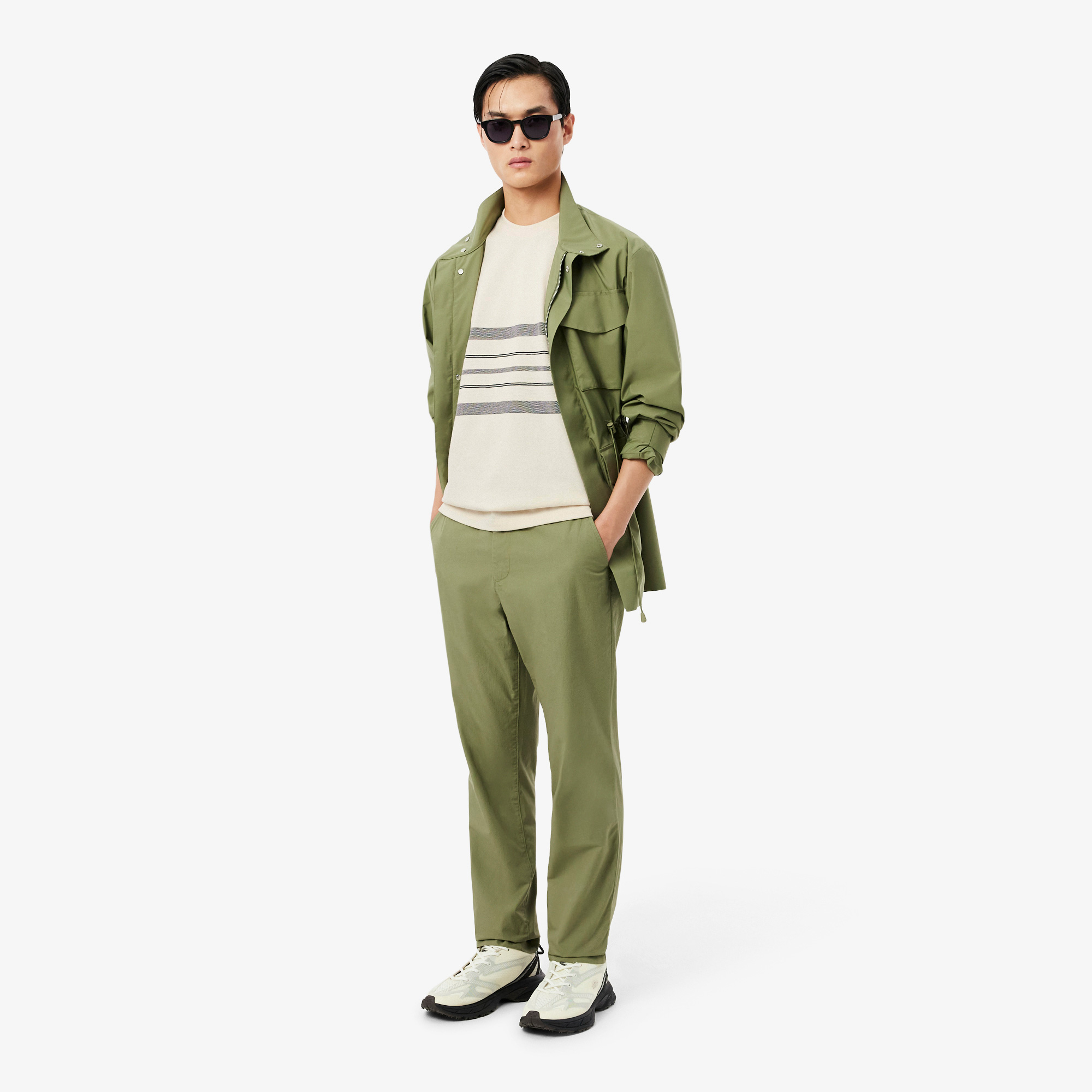 Lacoste Erkek Classic Fit Bisiklet Yaka Çizgili Krem T-Shirt görsel 4