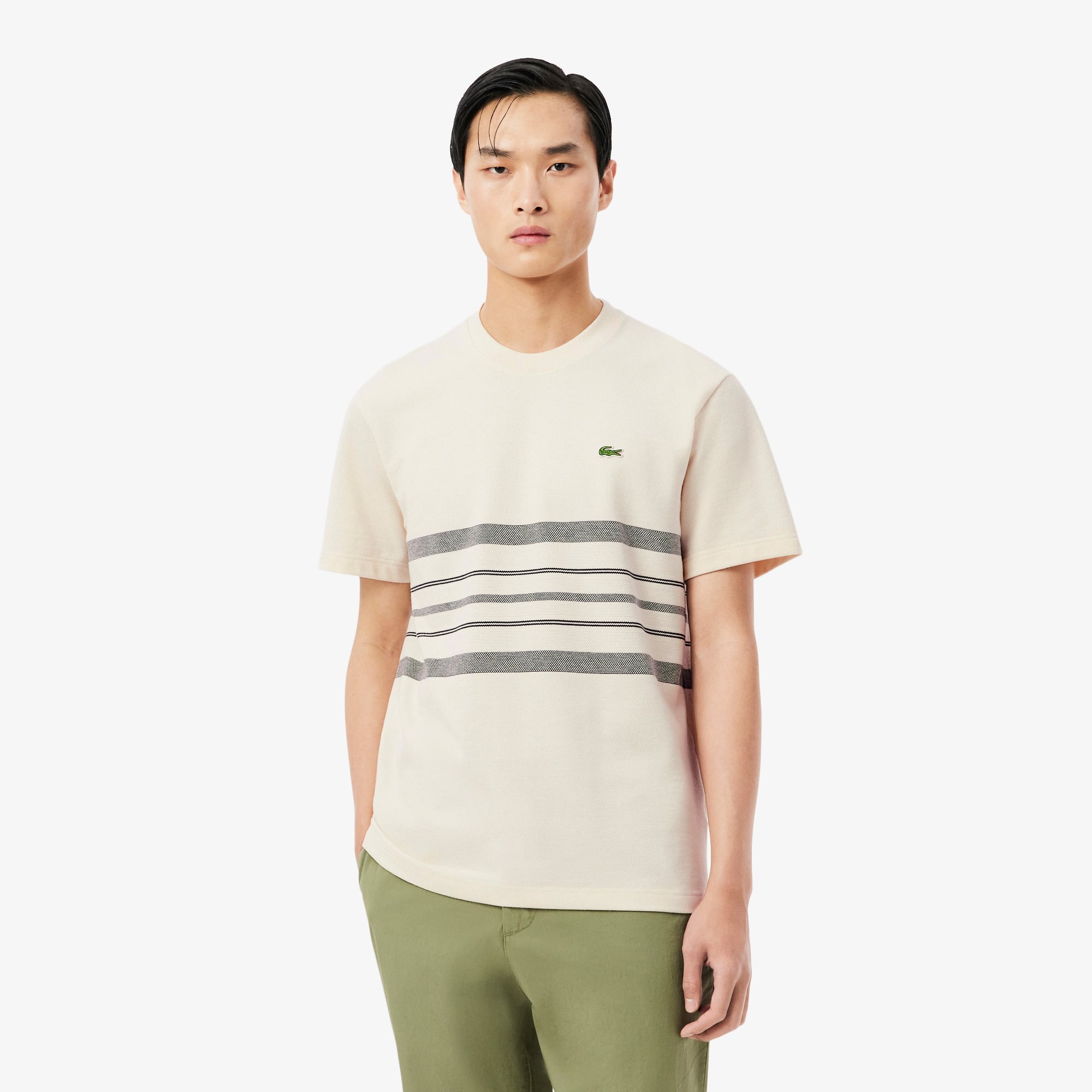 Lacoste Erkek Classic Fit Bisiklet Yaka Çizgili Krem T-Shirt